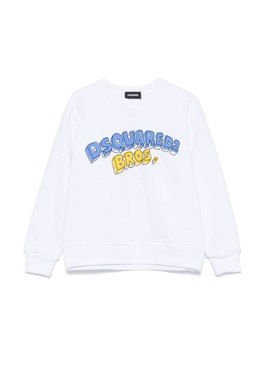 Dsquared2 Kids Felpa Bianca Girocollo con Stampa per Bambini