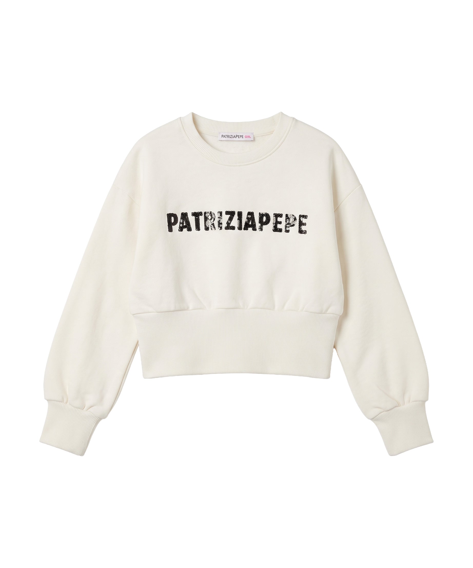 Patrizia Pepe Kids Felpa Bianco con Logo Strass Nero per Bambine