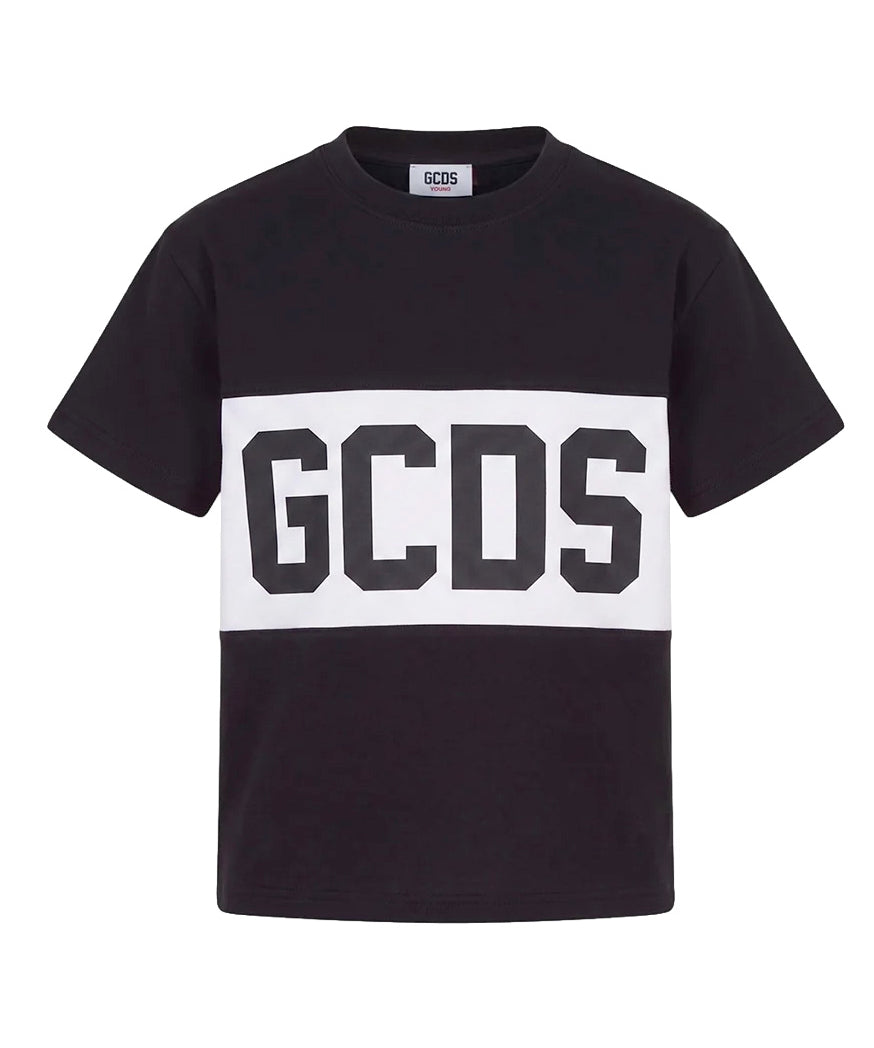Gcds Kids T-Shirt Nero con Banda Logata Bianco Unisex