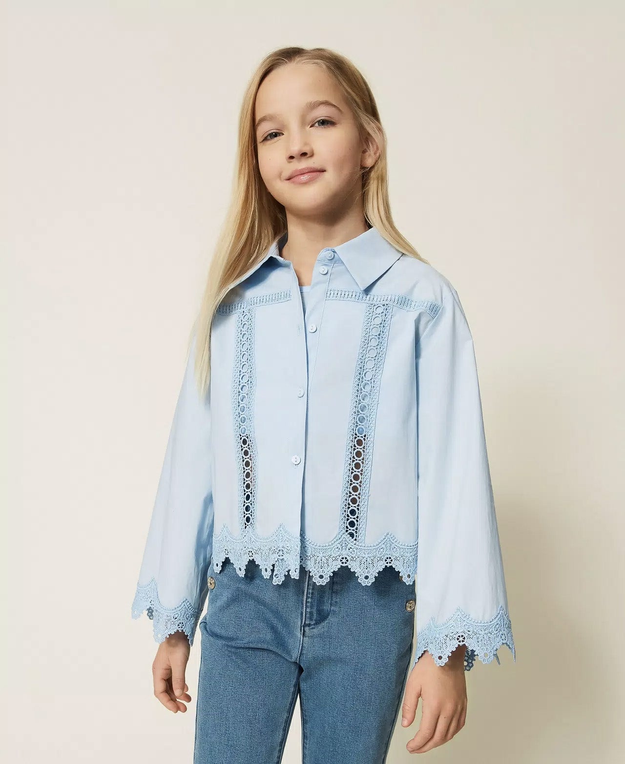 Twinset Kids Camicia Cielo con Inserti in Pizzo per Bambine