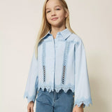 Twinset Kids Camicia Cielo con Inserti in Pizzo per Bambine