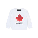 Dsquared2 Kids Felpa Girocollo Bianca con Stampa Logo Foglia D'acero con Bottoni Apertura Spalla per Neonati