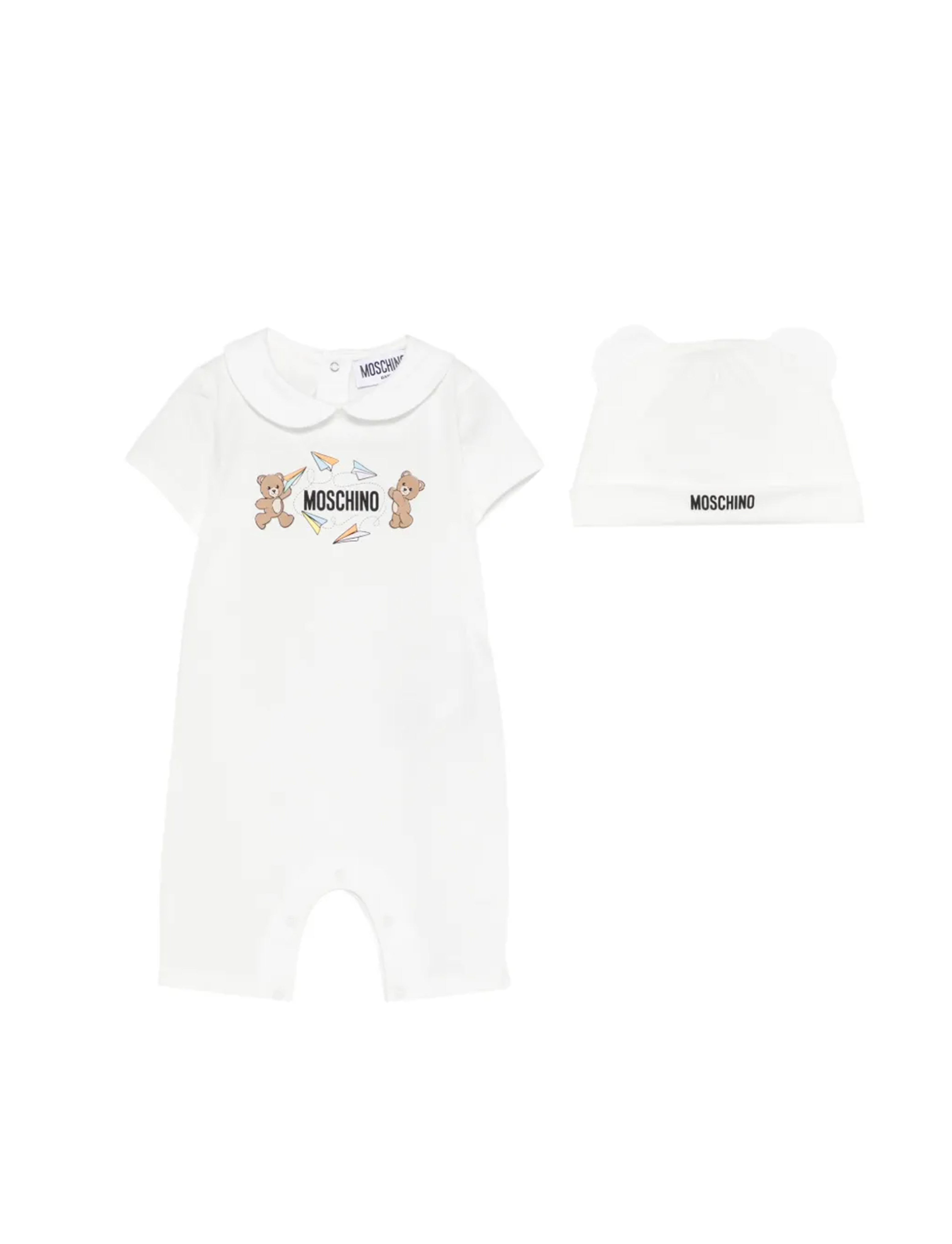 Moschino Kids Pagliaccetto+Cappello Panna con Logo Teddy Bear per Neonati