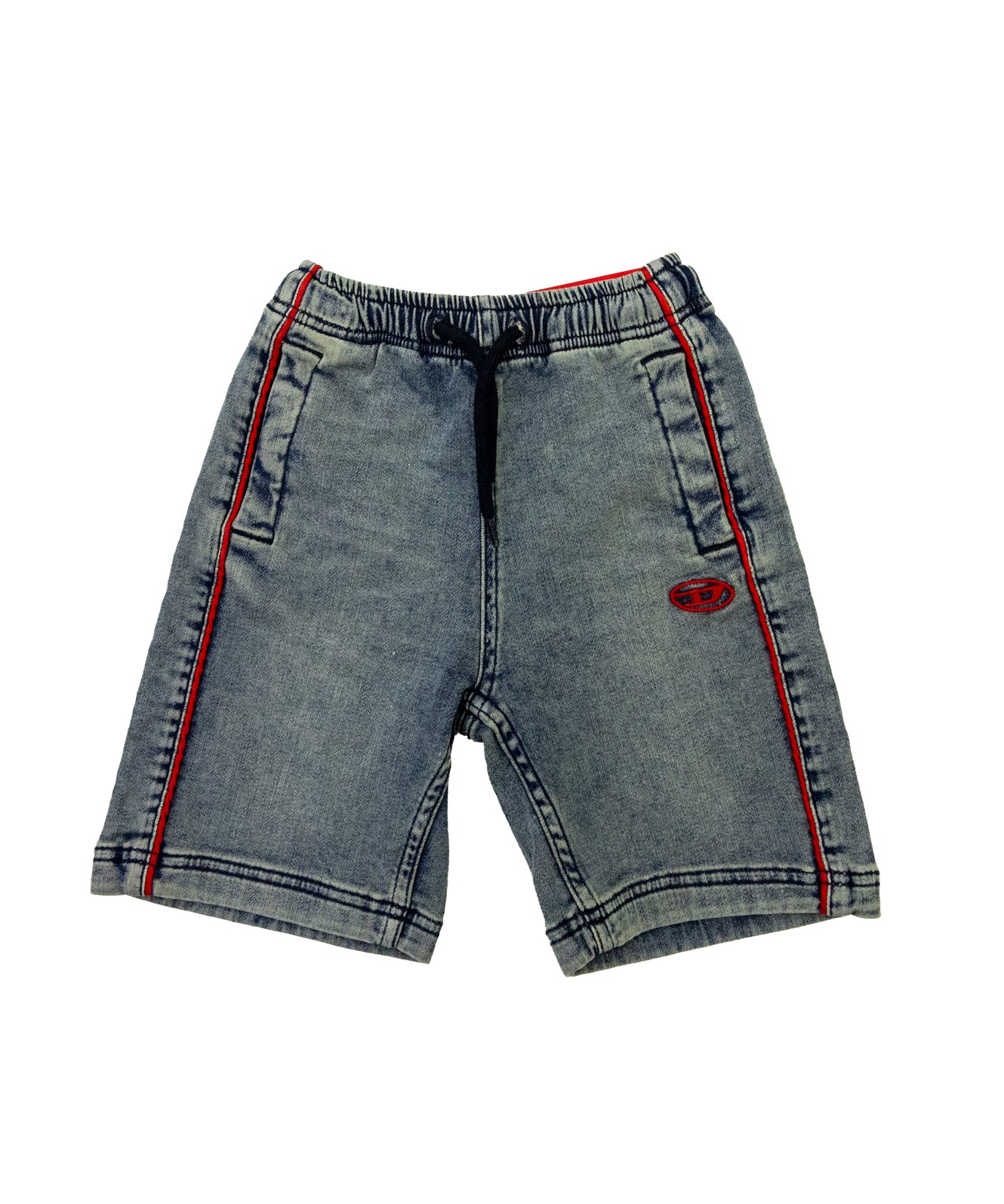 Diesel Kids Bermuda con Lavaggio Sabbiato Dettagli a Contrasto Rossi e Logo Oval D Ricamato