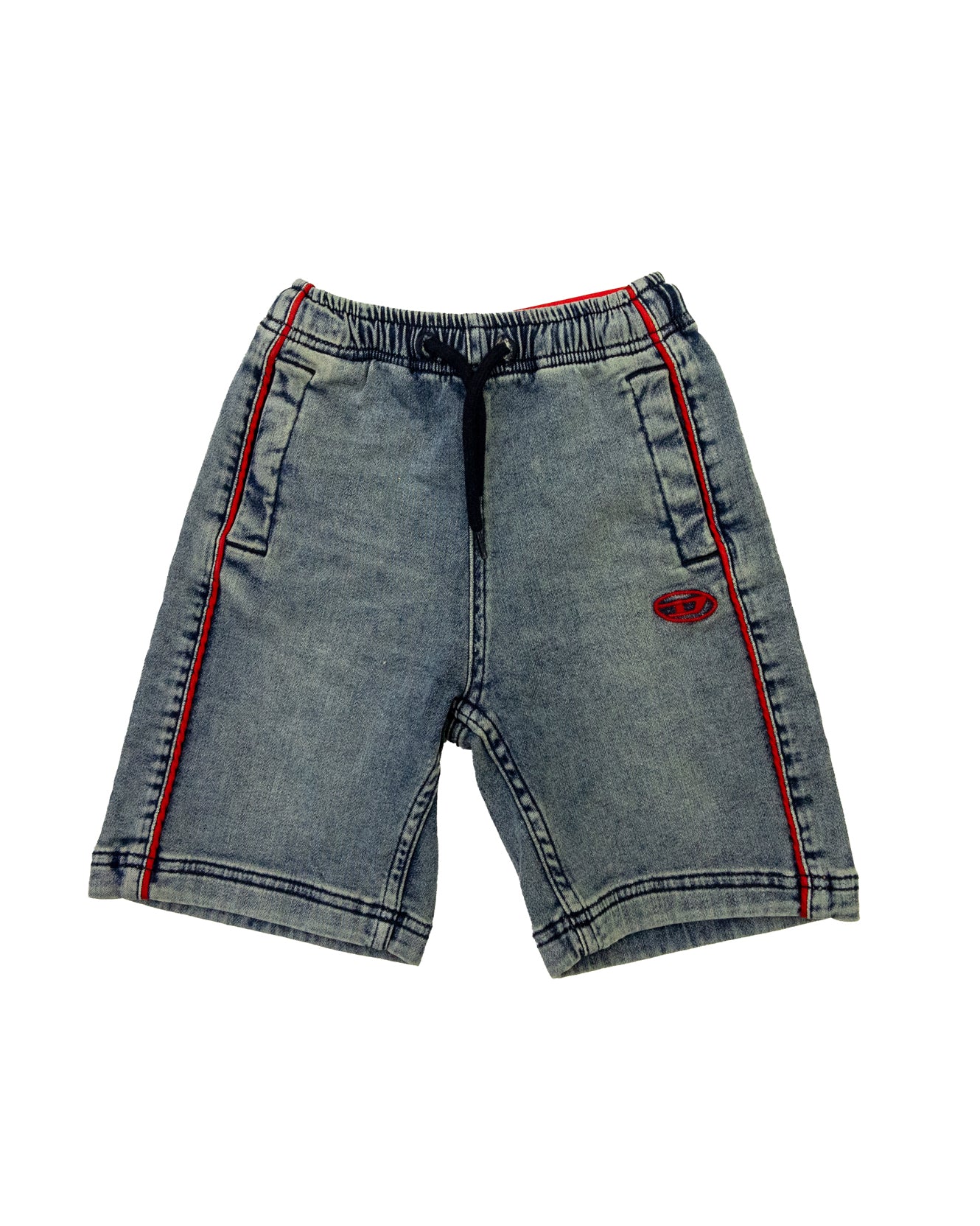 Diesel Kids Bermuda con Lavaggio Sabbiato Dettagli a Contrasto Rossi e Logo Oval D Ricamato