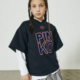 Pinko Kids T-Shirt Blu con Stampa Logo a Contrasto per Bambine