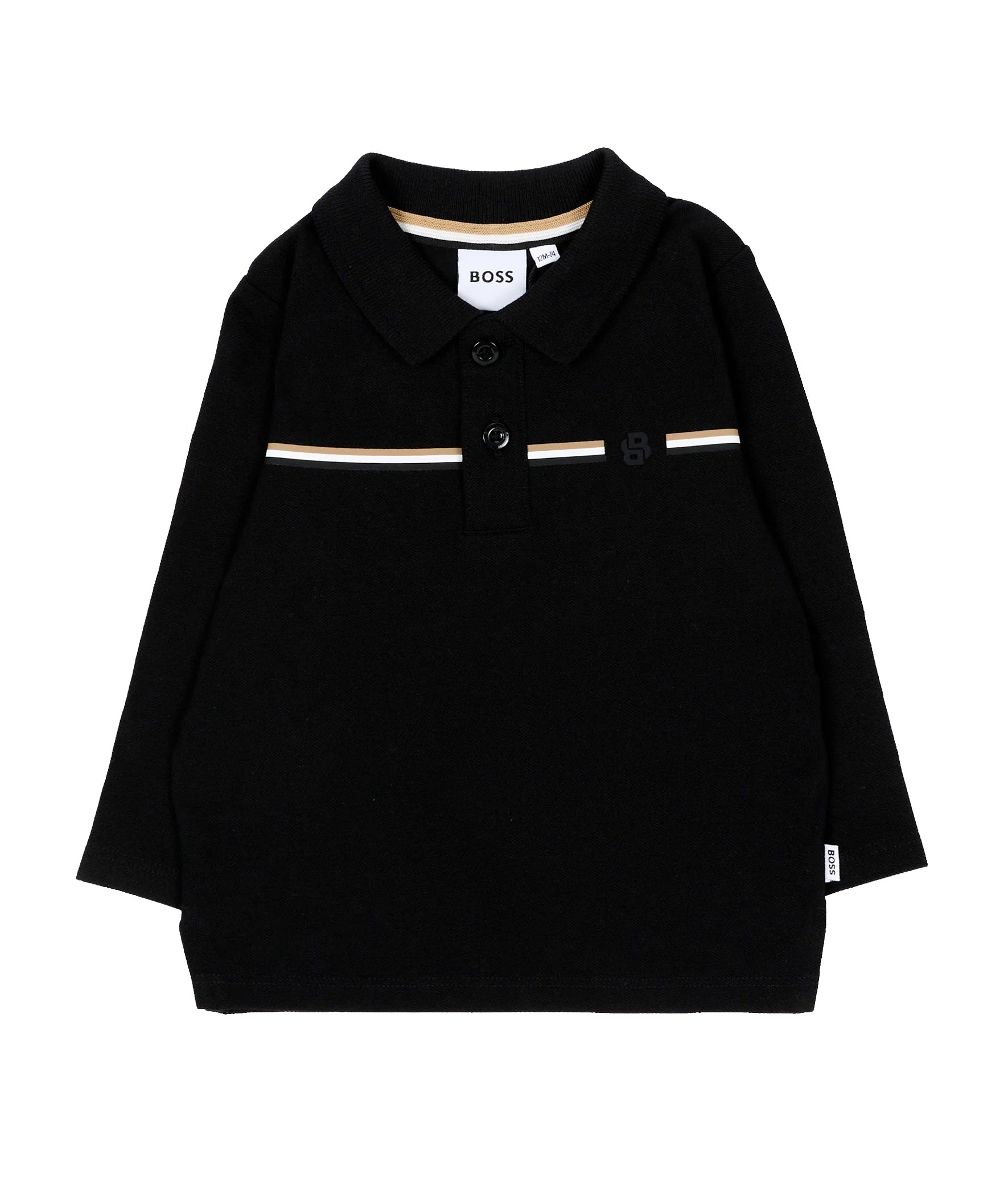 BOSS Kids Polo Nera in Piqué a Maniche Lunghe con Righe Iconiche e Logo per Neonati