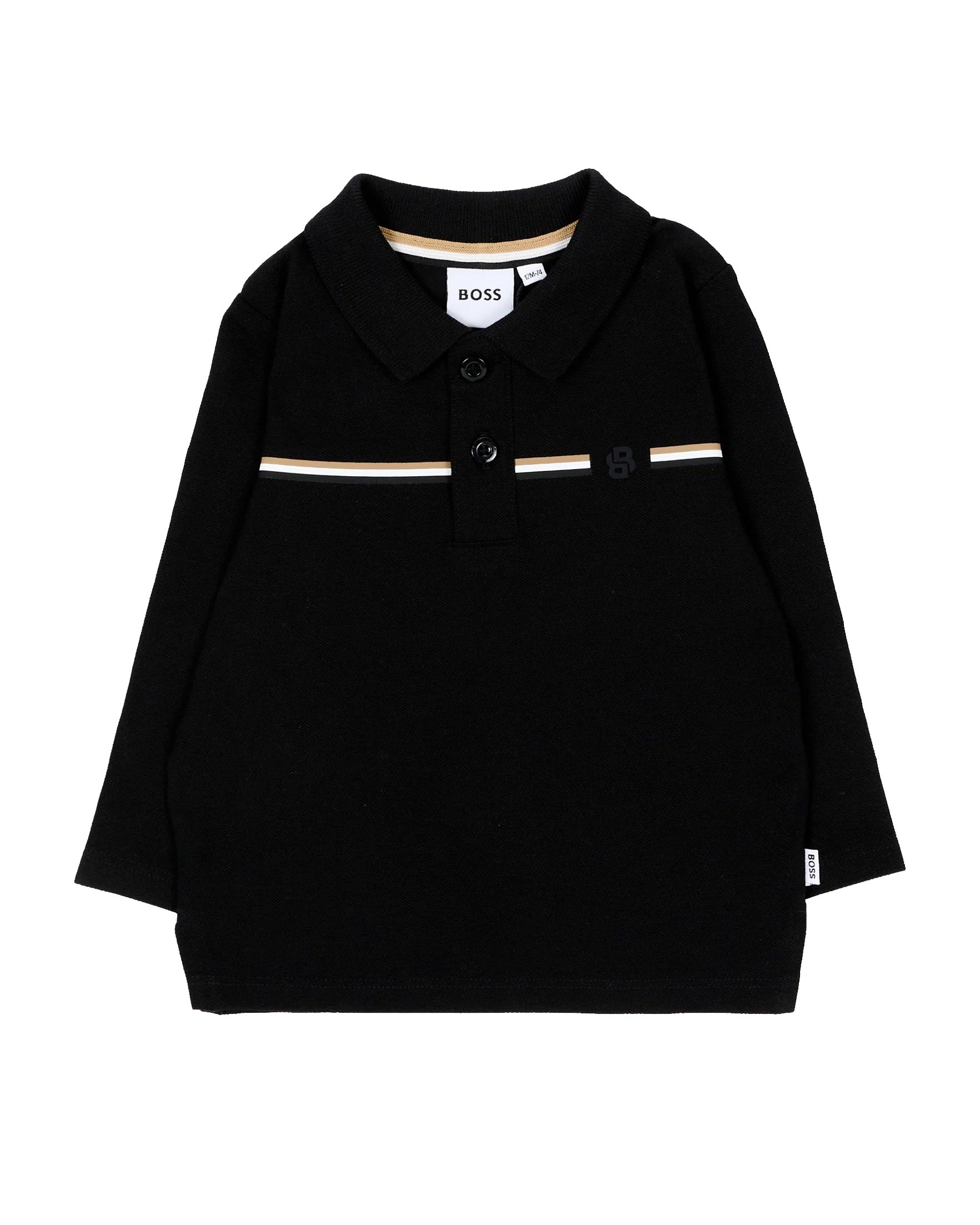 BOSS Kids Polo Nera in Piqué a Maniche Lunghe con Righe Iconiche e Logo per Neonati