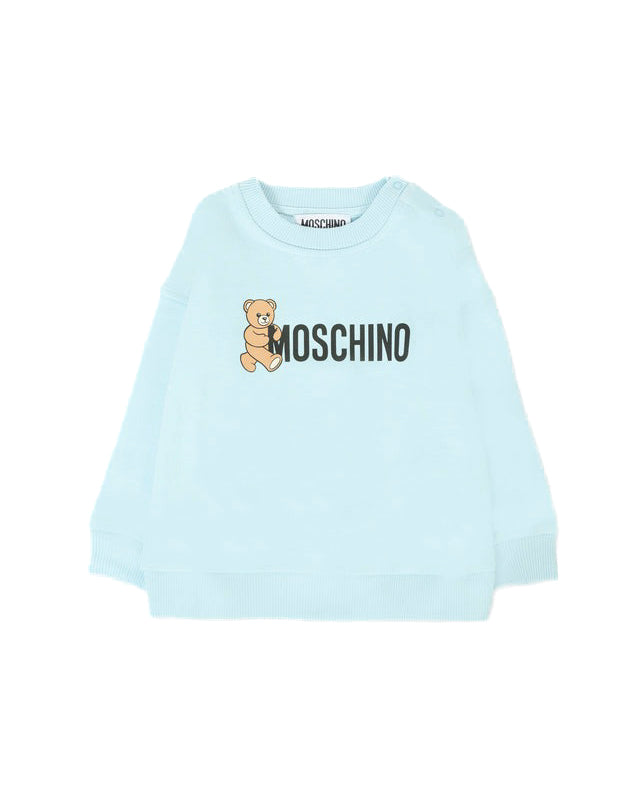 Moschino Kids Felpa Girocollo Celeste con Logo per Neonati