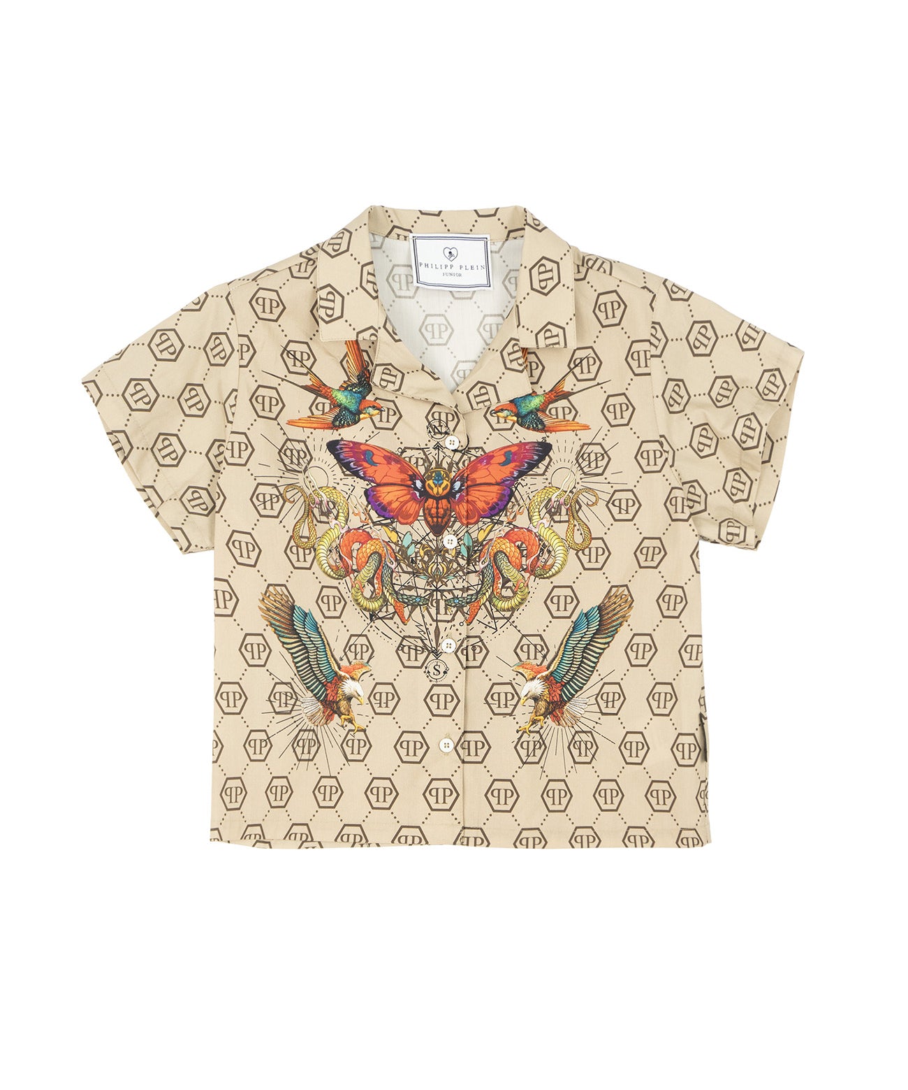Philipp Plein Kids Camicia Beige con Stampa Logo All-Over per Bambine