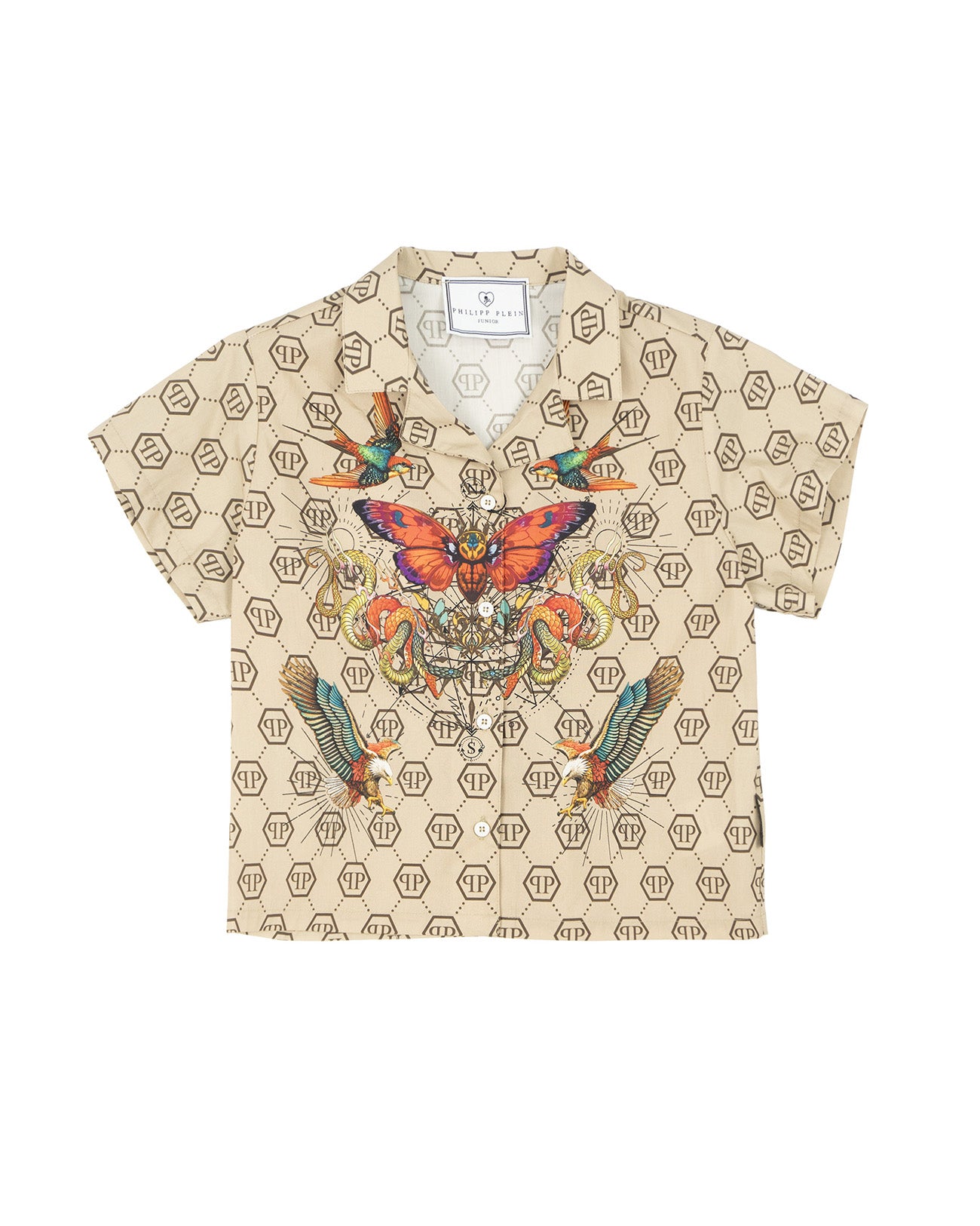 Philipp Plein Kids Camicia Beige con Stampa Logo All-Over per Bambine