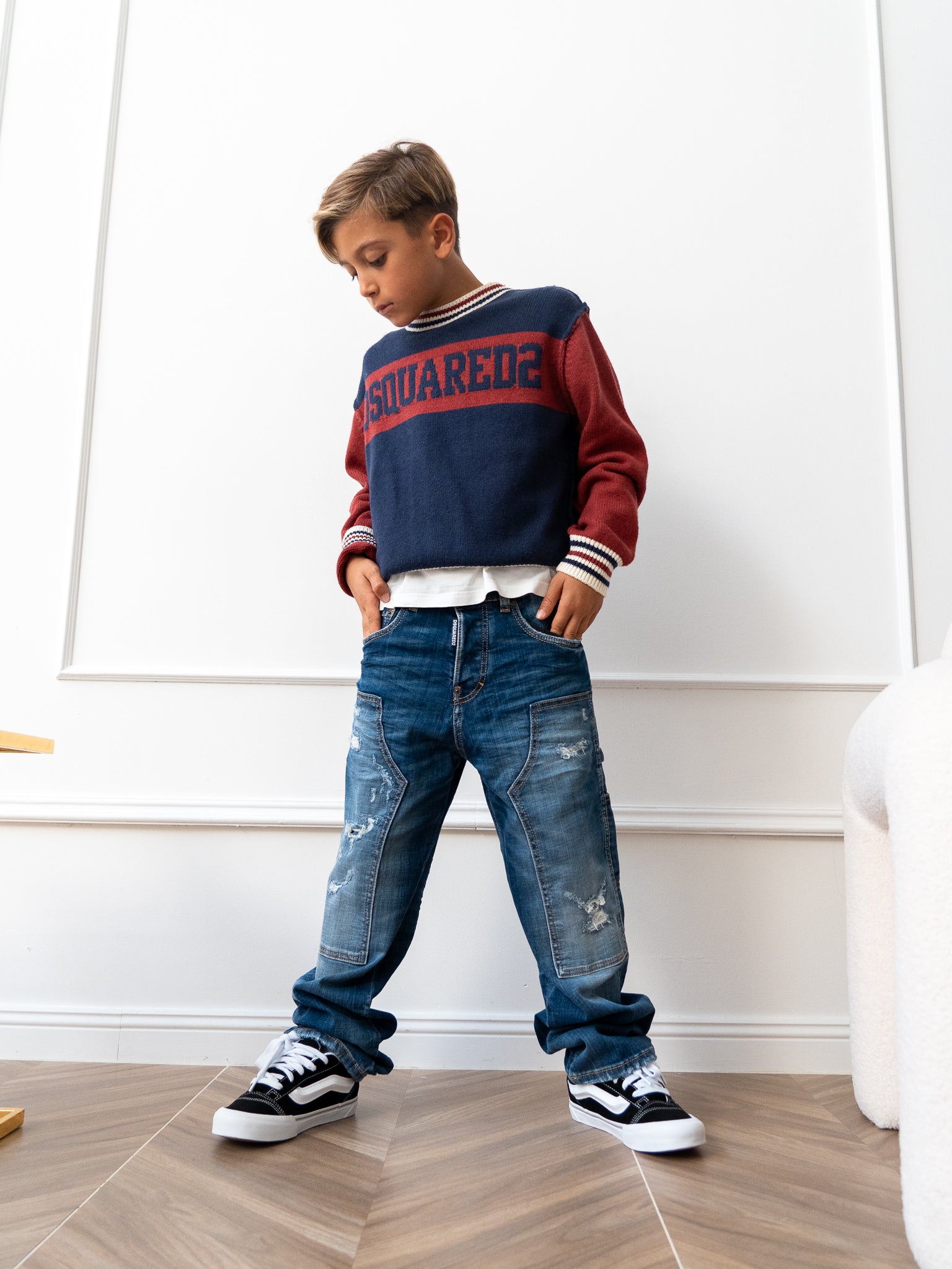 Dsquared2 Kids Maglione Girocollo Blu/Rosso con Logo per Bambini