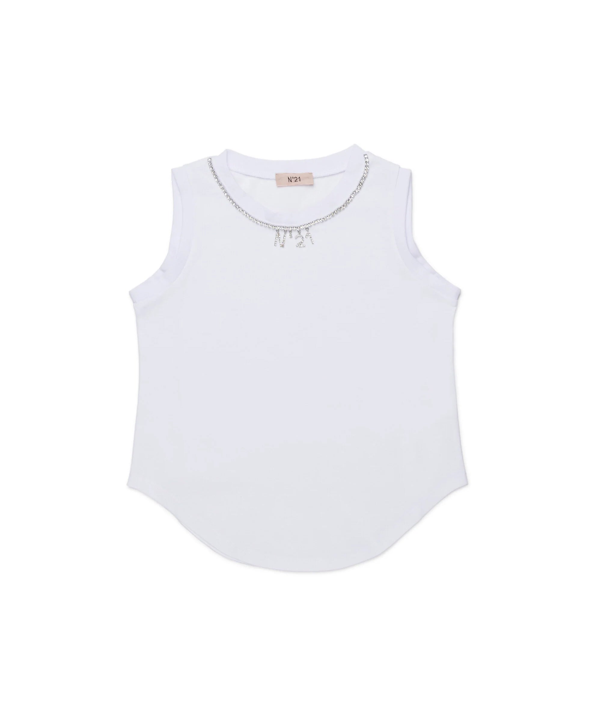 N21 Kids Canotta Bianca con Dettagli Logo e Strass per Bambine