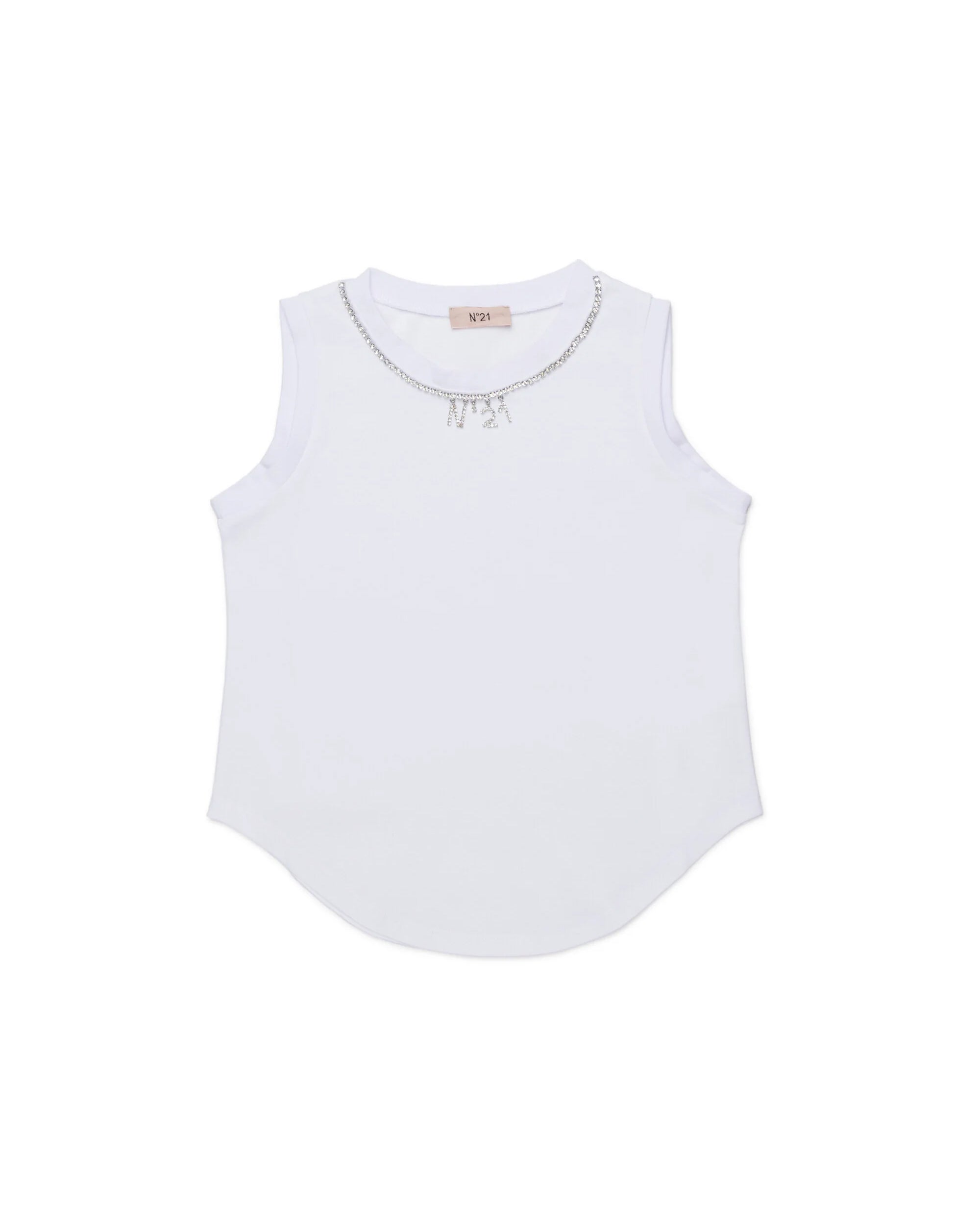 N21 Kids Canotta Bianca con Dettagli Logo e Strass per Bambine