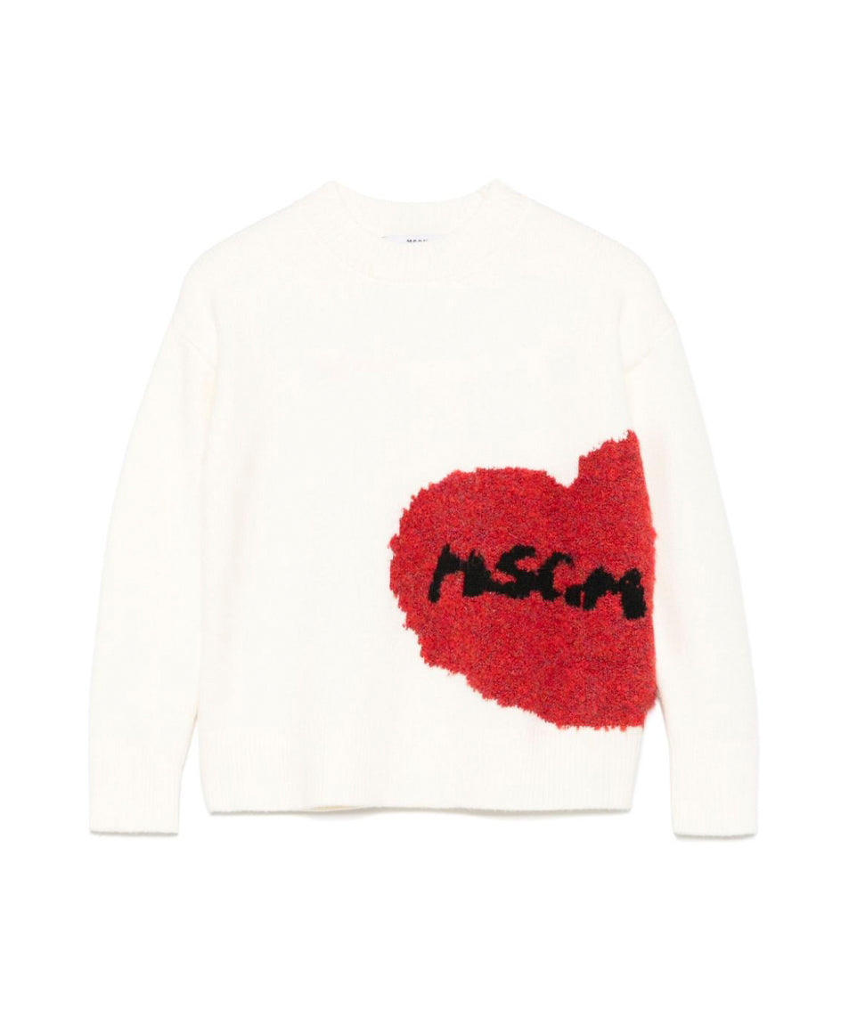 MSGM Kids Maglione Crema con Ricamo Cuore per Bambine