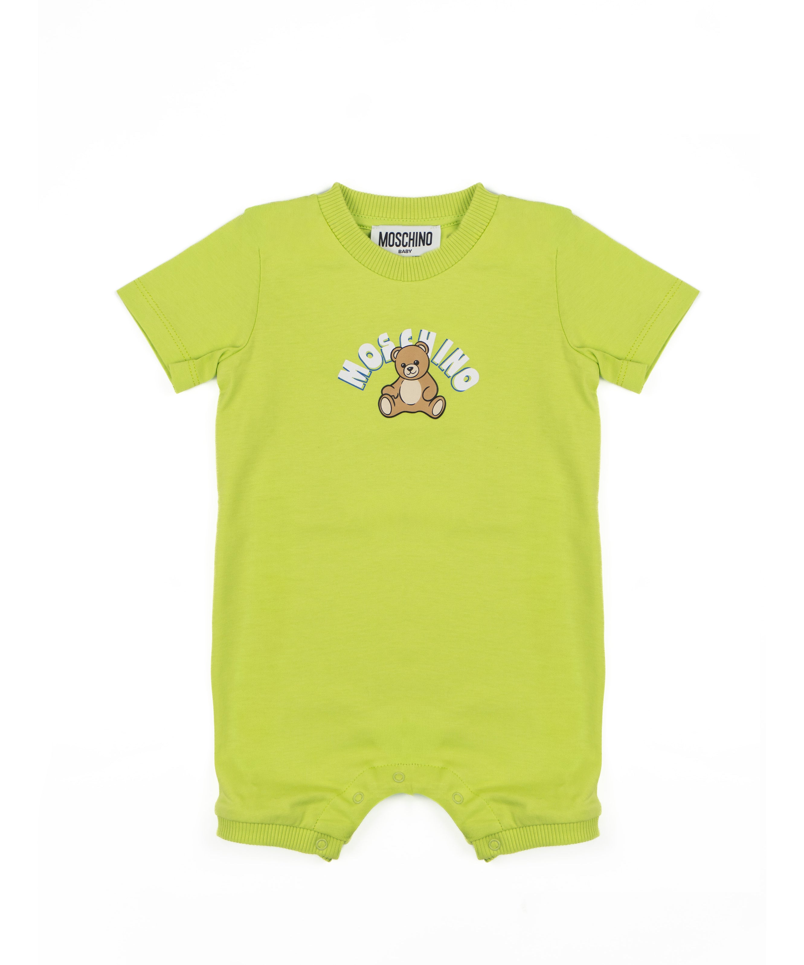Moschino Kids Pagliaccetto Verde con Apertura Bottoni Spalla e Stampa Logo Teddy per Neonati