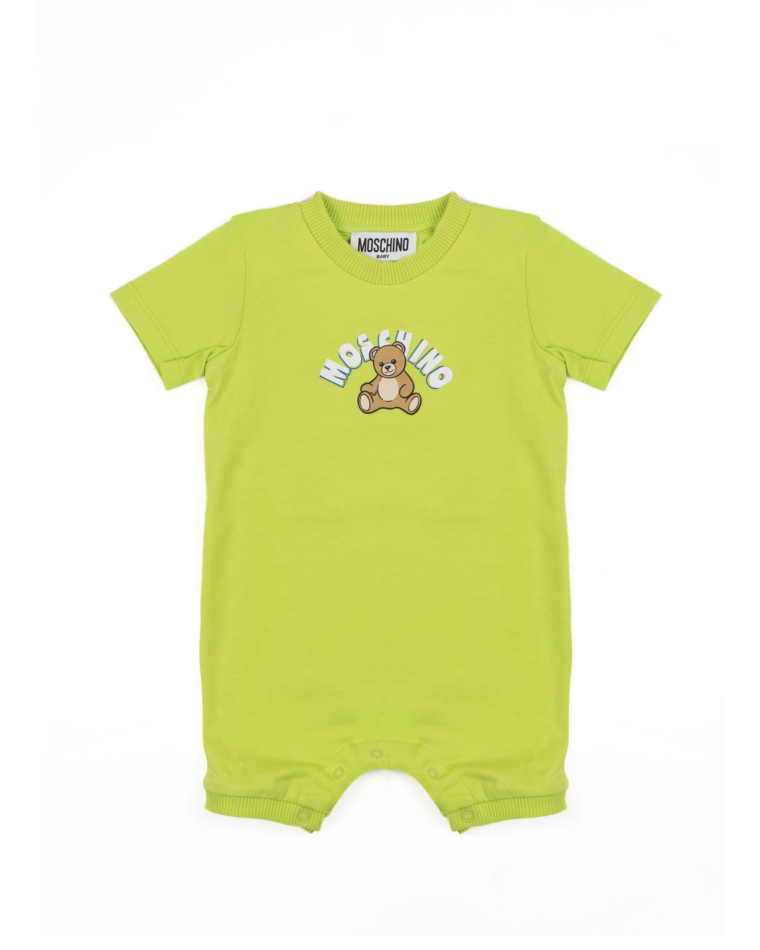 Moschino Kids Pagliaccetto Verde con Apertura Bottoni Spalla e Stampa Logo Teddy per Neonati
