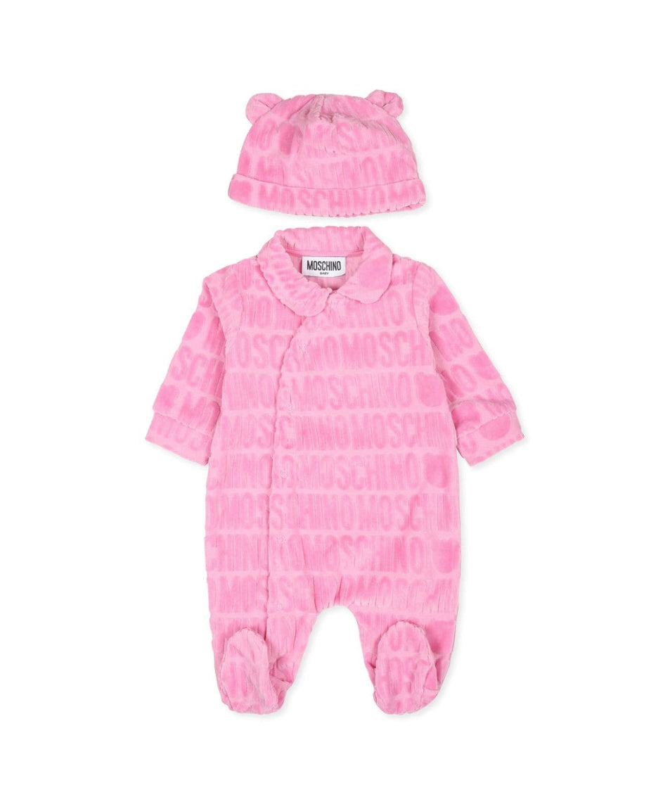 Moschino Kids Tutina Rosa in Spugna con Logo Jacquard per Neonate