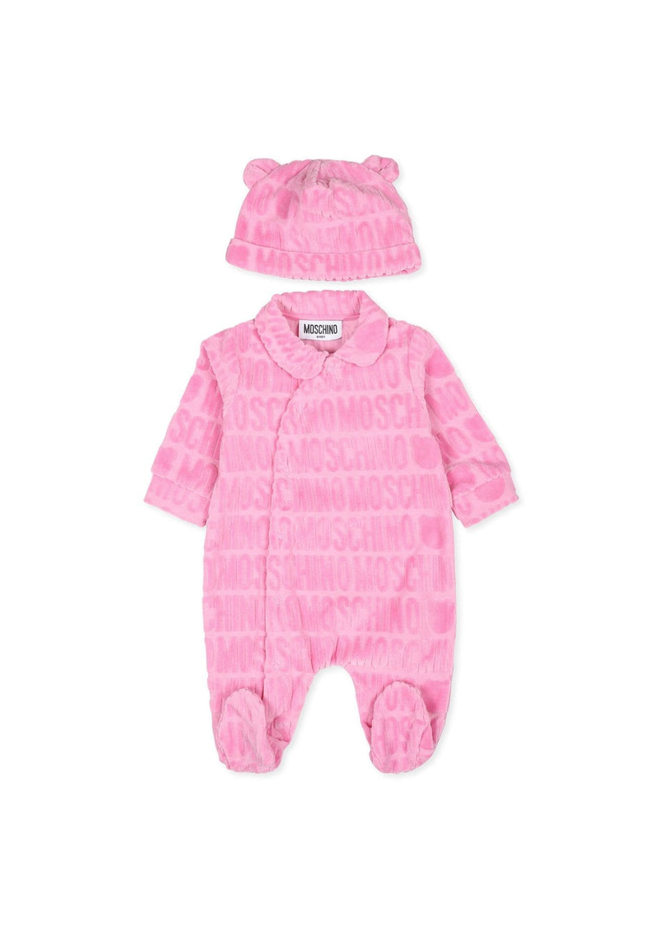 Moschino Kids Tutina Rosa in Spugna con Logo Jacquard per Neonate