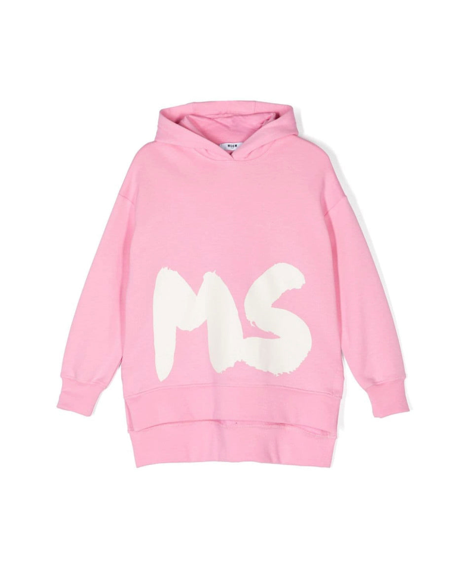 MSGM Kids Abito Rosa con Cappuccio con Logo per Bambine
