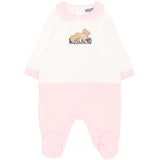 Moschino Kids Tutina Panna e Rosa in Cotone con Colletto e Stampa Teddy Bear per Neonate