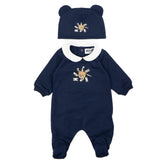 Moschino Kids Set 2pz. Tutina e Cappellino Blu Navy con Stampa Logo Teddy per Neonati