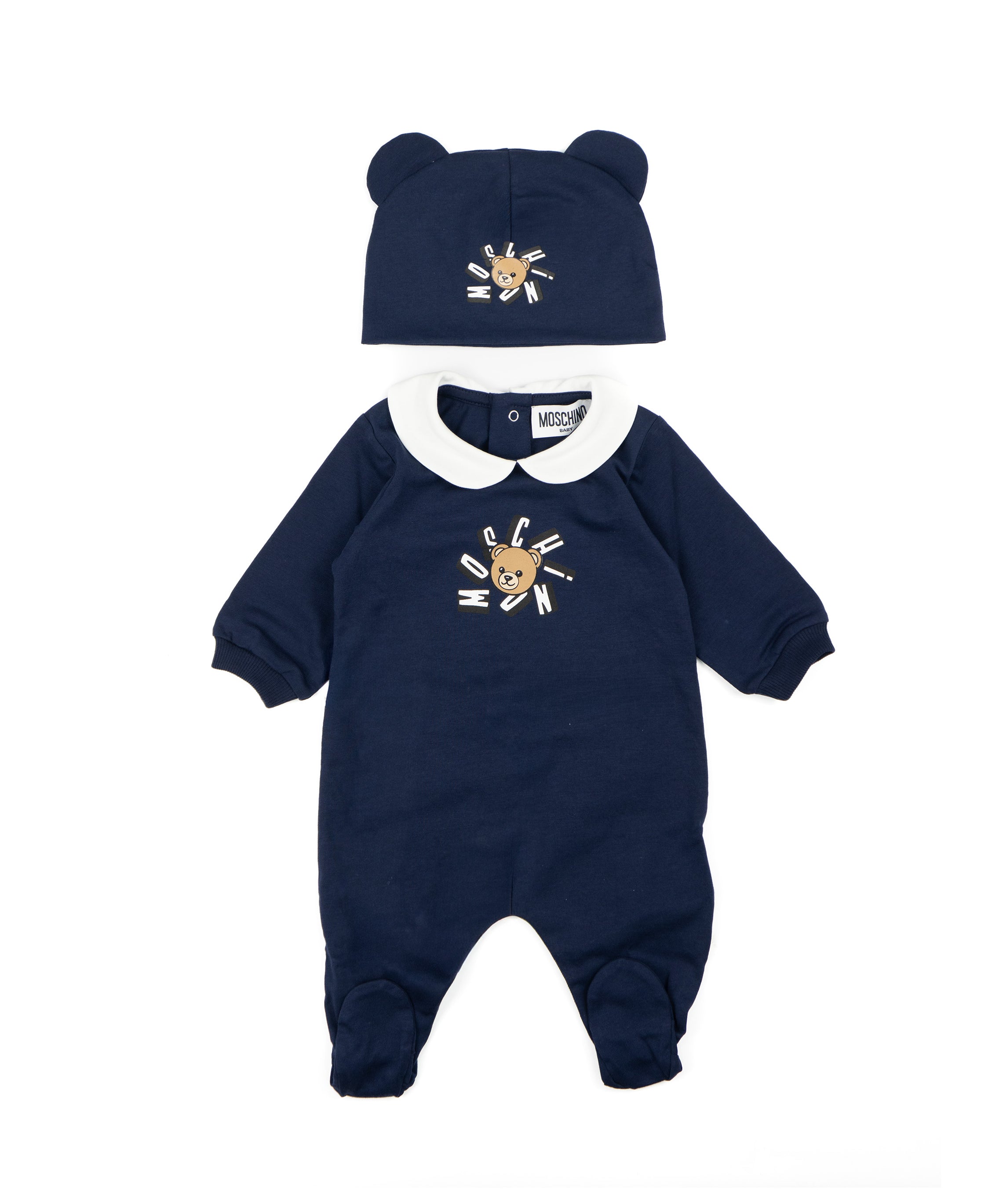 Moschino Kids Set 2pz. Tutina e Cappellino Blu Navy con Stampa Logo Teddy per Neonati