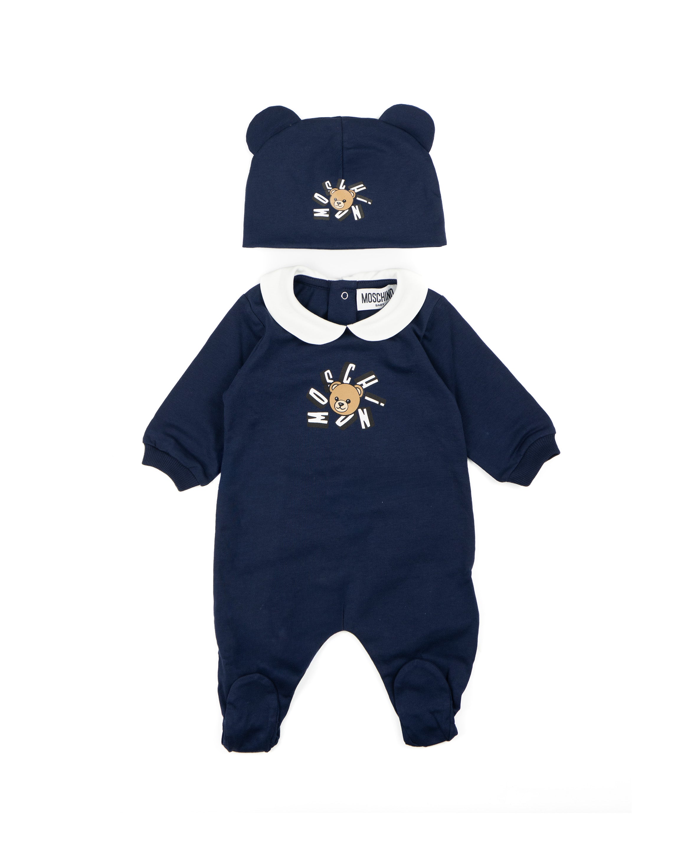 Moschino Kids Set 2pz. Tutina e Cappellino Blu Navy con Stampa Logo Teddy per Neonati