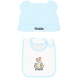 Moschino Kids Set Celeste con Cappellino a Orecchie e Bavaglino con Stampa Teddy Bear e Logo per Neonati