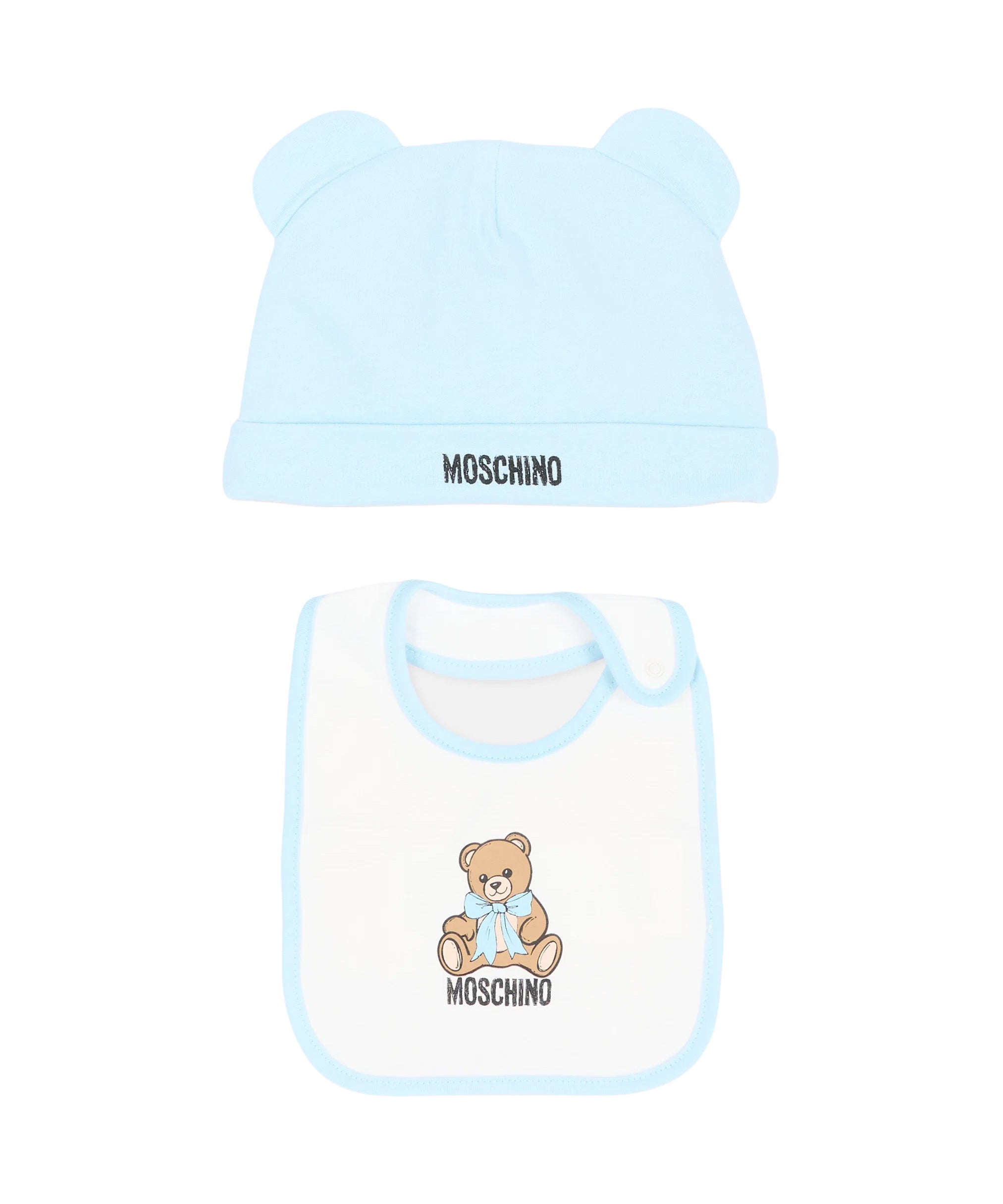 Moschino Kids Set Celeste con Cappellino a Orecchie e Bavaglino con Stampa Teddy Bear e Logo per Neonati