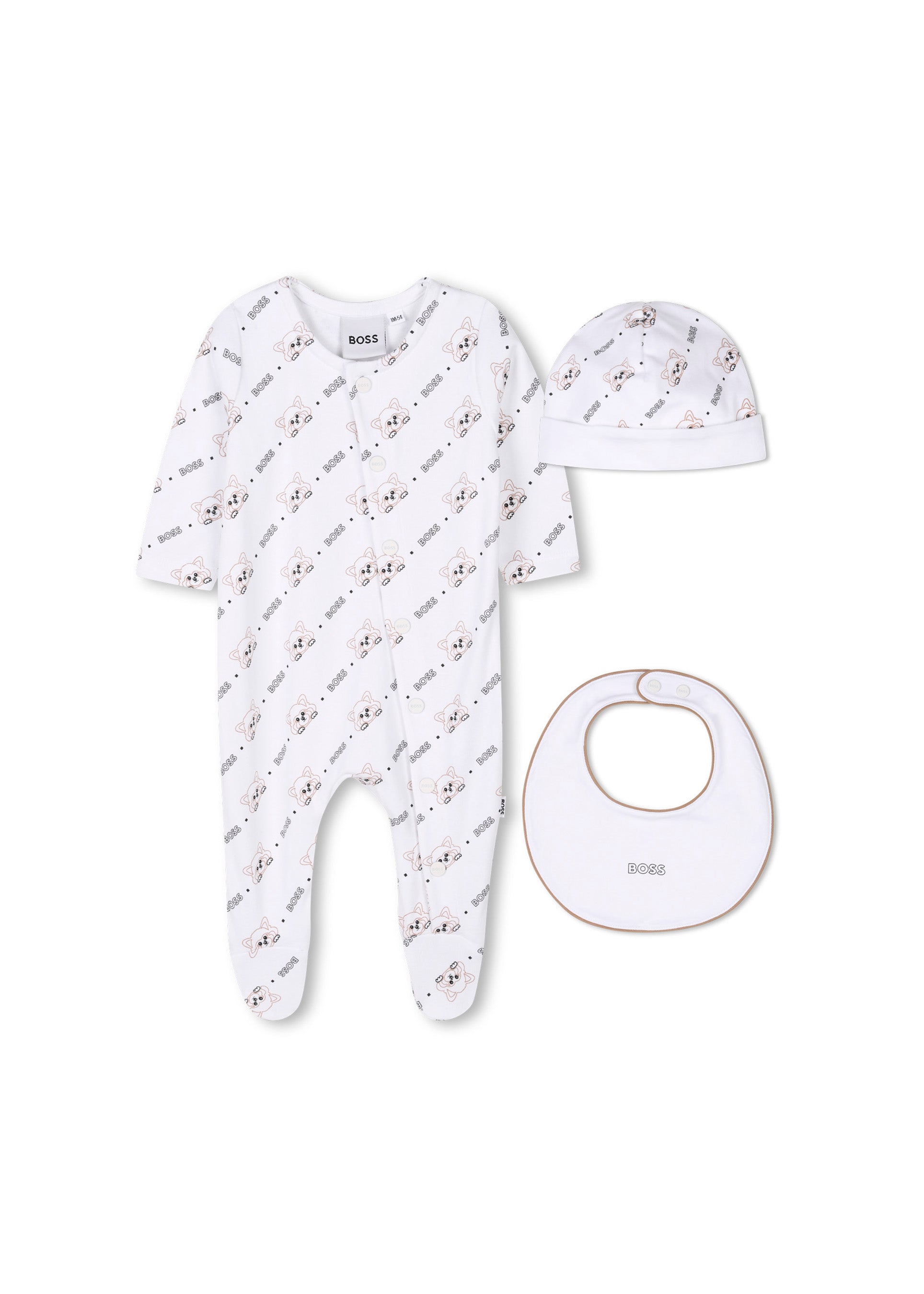 Boss Kids Tutina con Cappellino e Bavetta Bianco con Fox per Neonati