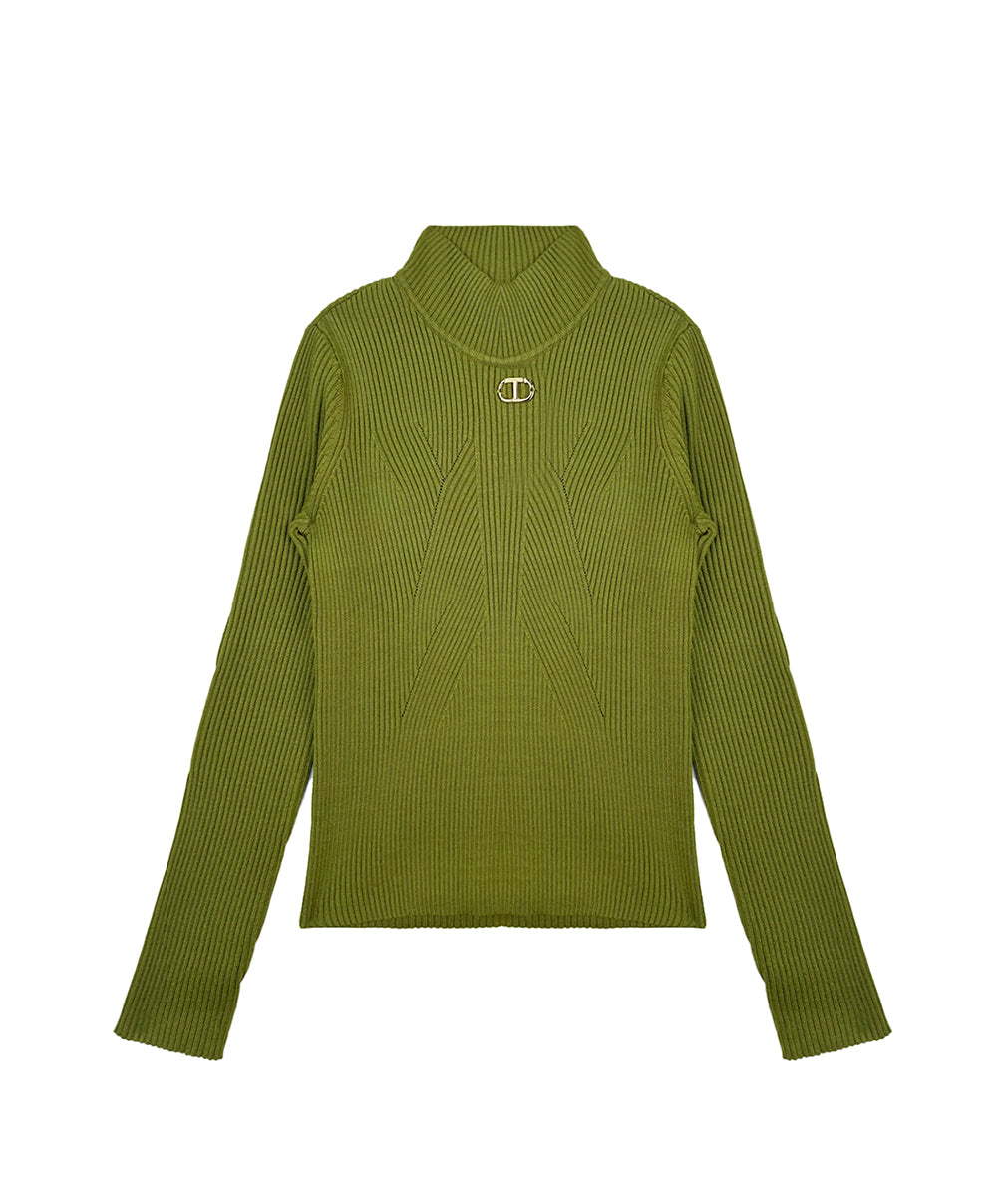 Twinset Kids Maglia Lupetto a Coste Verde Olive con Logo per Bambine