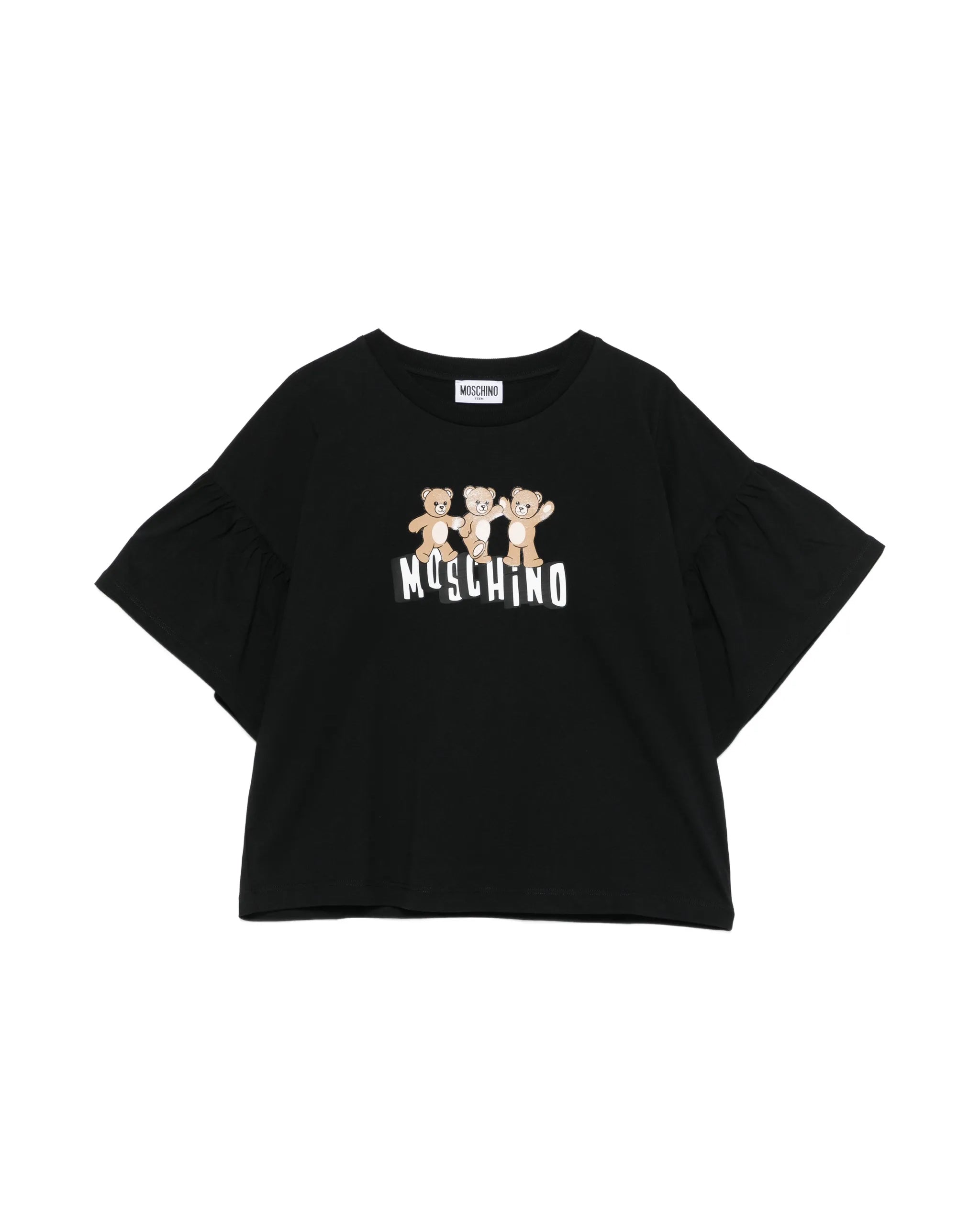 Moschino Kids T-Shirt Nera Crop con Manica Rouches per Bambine
