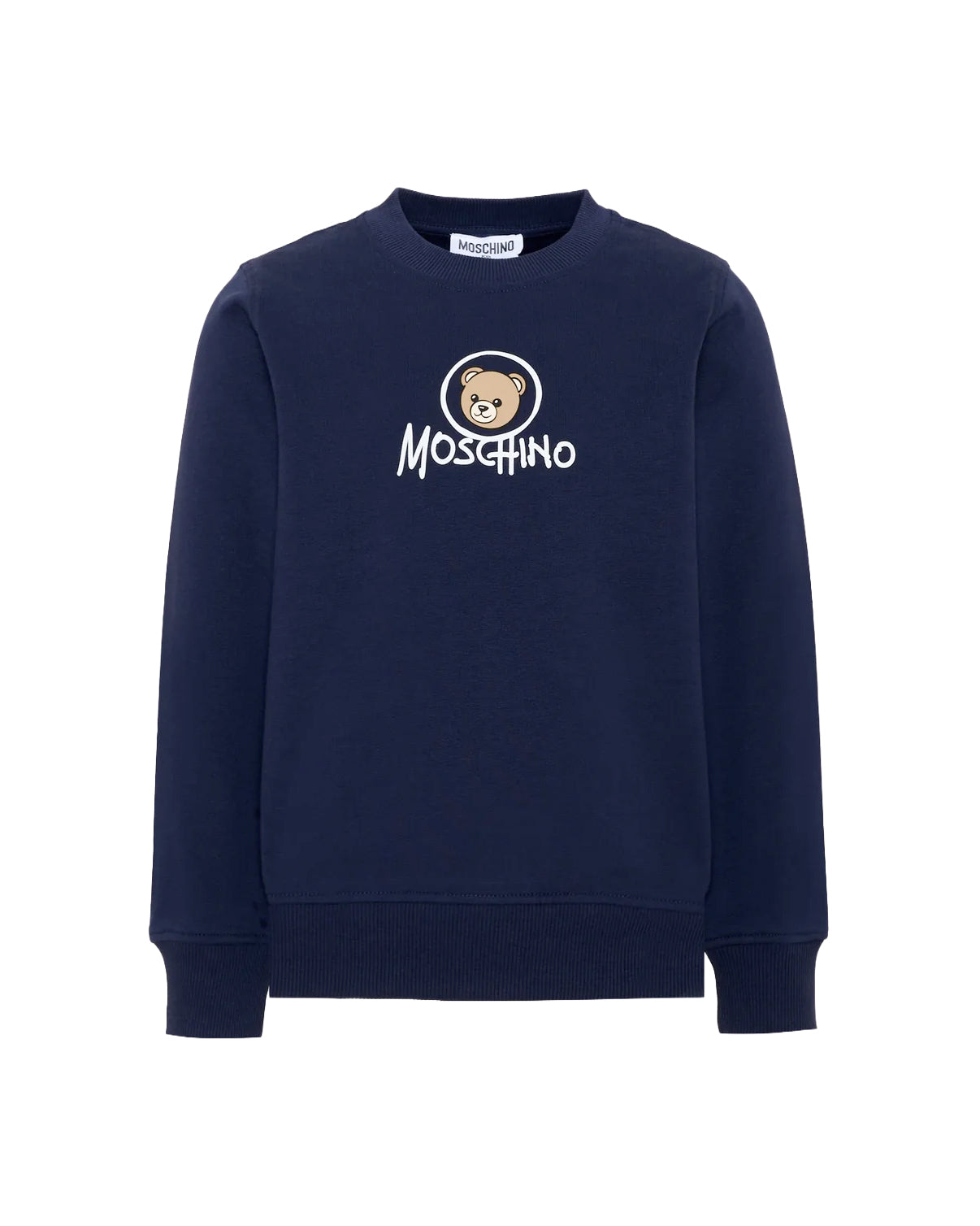 Moschino Kids Felpa Blu Navy Girocollo con Stampa Teddy Bear e Logo per Bambini