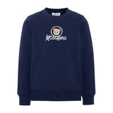 Moschino Kids Felpa Blu Navy Girocollo con Stampa Teddy Bear e Logo per Bambini