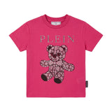 Philipp Plein Kids T-Shirt Fucsia in Cotone con Teddy Bear e Logo Strass per Bambine