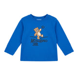 Moschino Kids T-Shirt Manica Lunga Blu in Cotone con Teddy Bear e Logo per Bambini