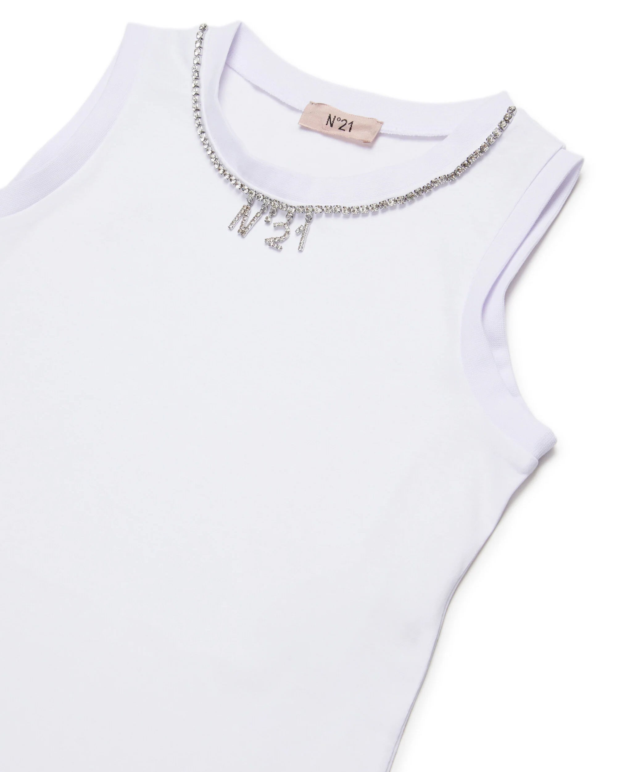 N21 Kids Canotta Bianca con Dettagli Logo e Strass per Bambine