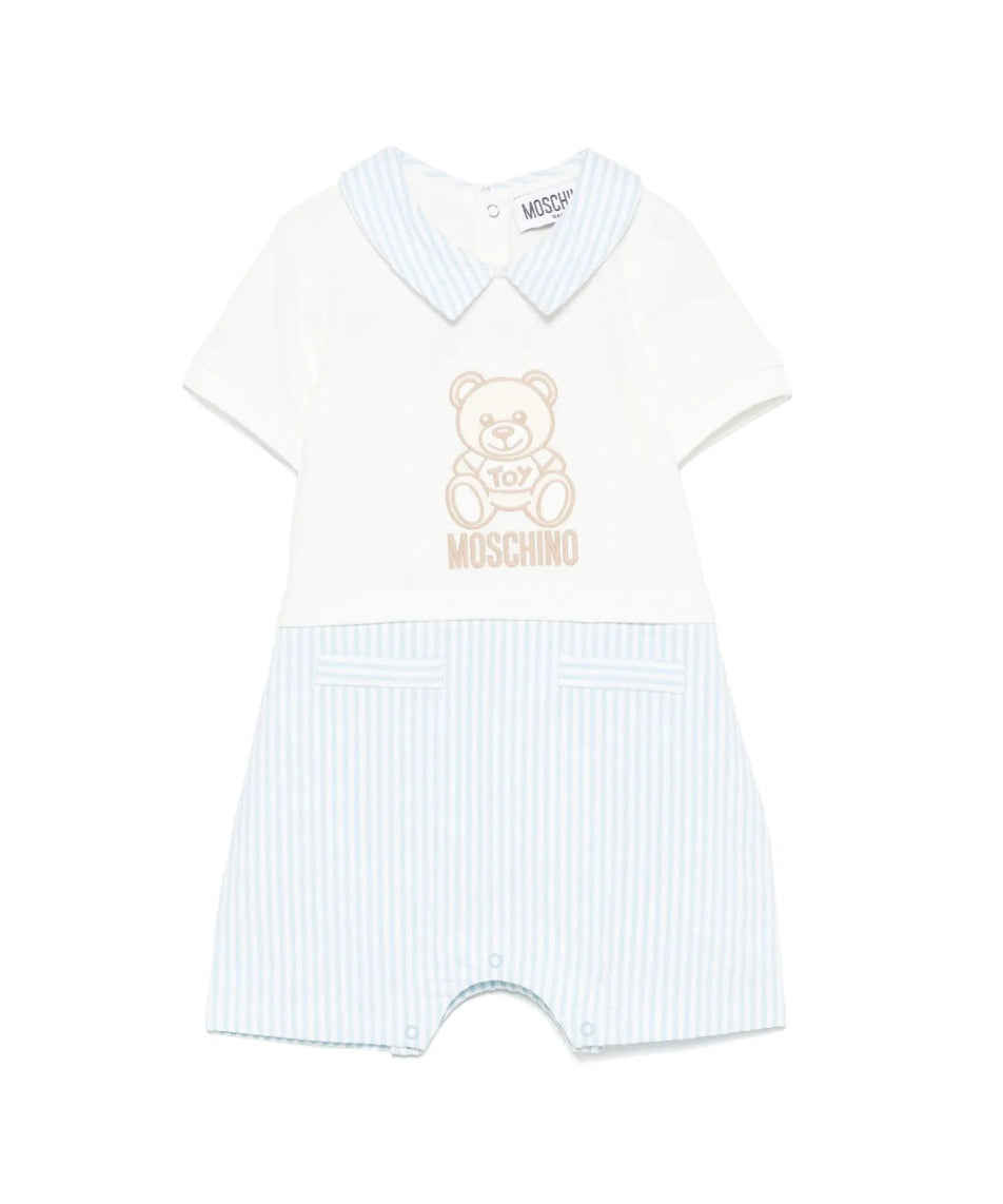 Moschino Kids Tutina a Righe Panna/Azzurro con Ricamo Teddy per Neonati