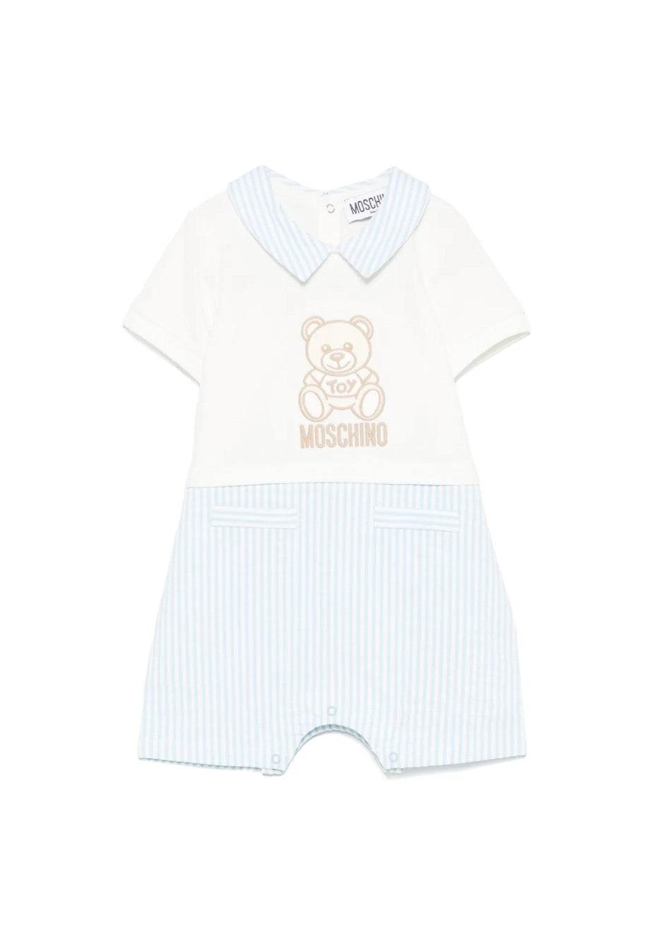 Moschino Kids Tutina a Righe Panna/Azzurro con Ricamo Teddy per Neonati