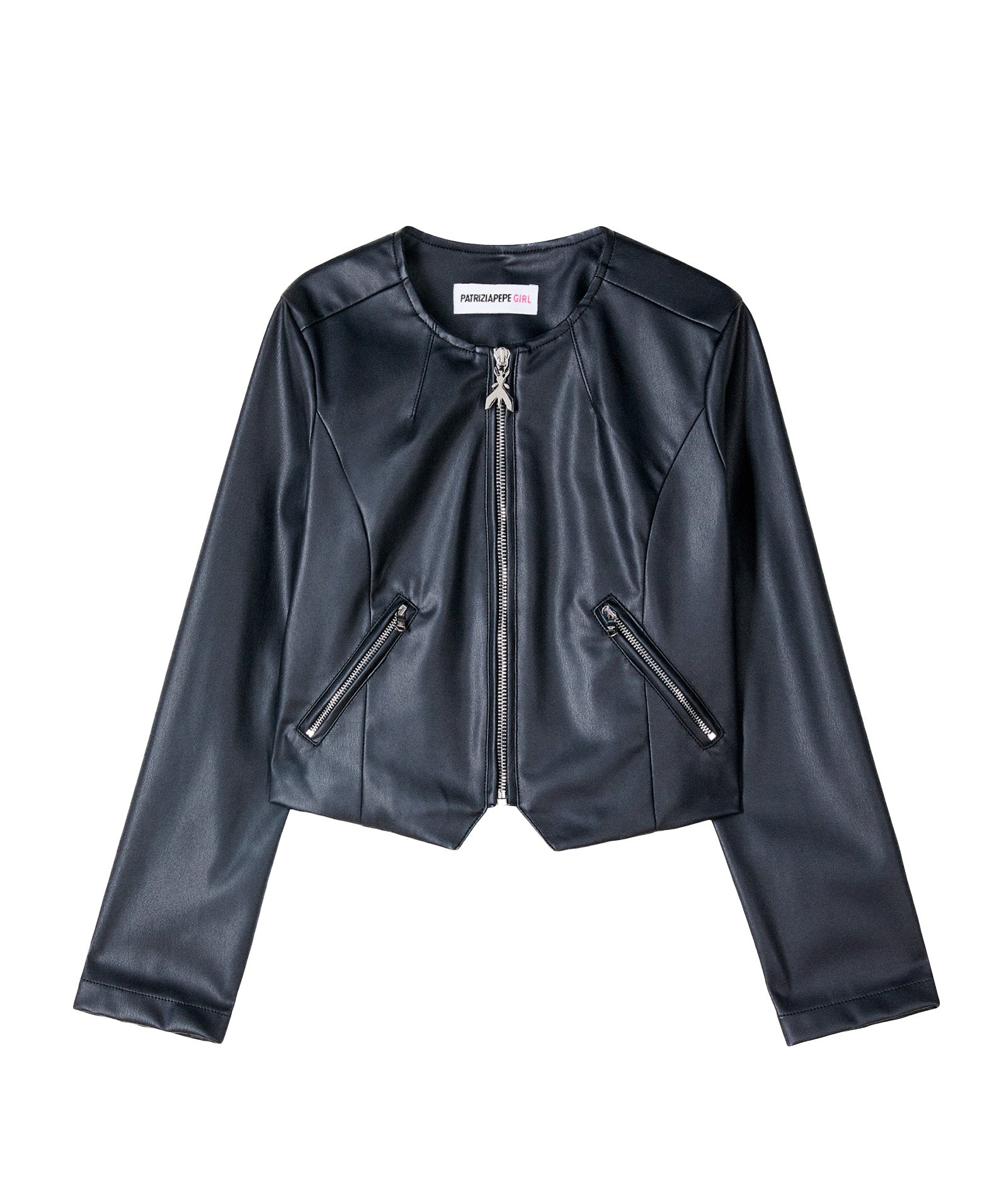 Patrizia Pepe Kids Giubbino Nero in Ecopelle con Zip per Bambine