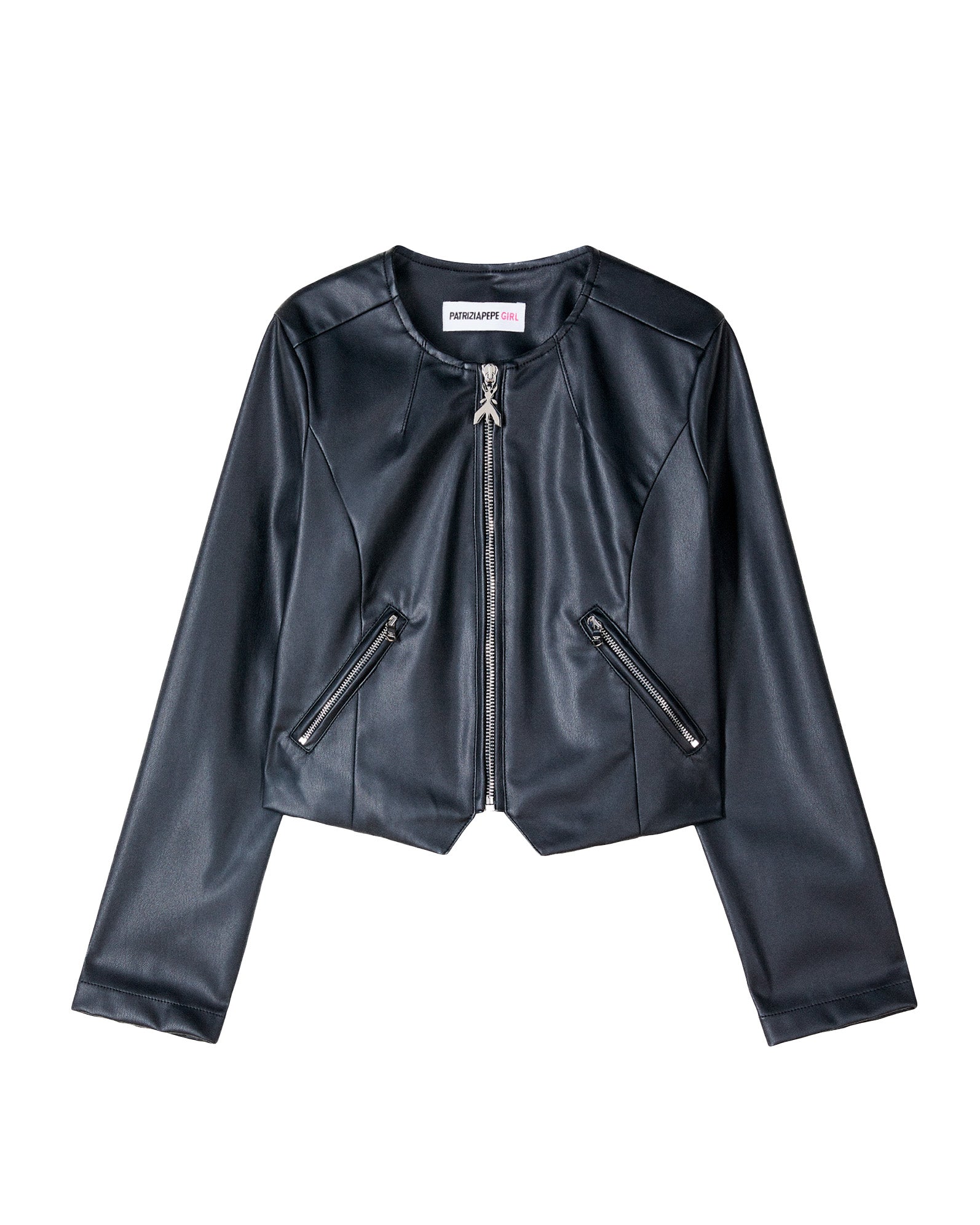 Patrizia Pepe Kids Giubbino Nero in Ecopelle con Zip per Bambine