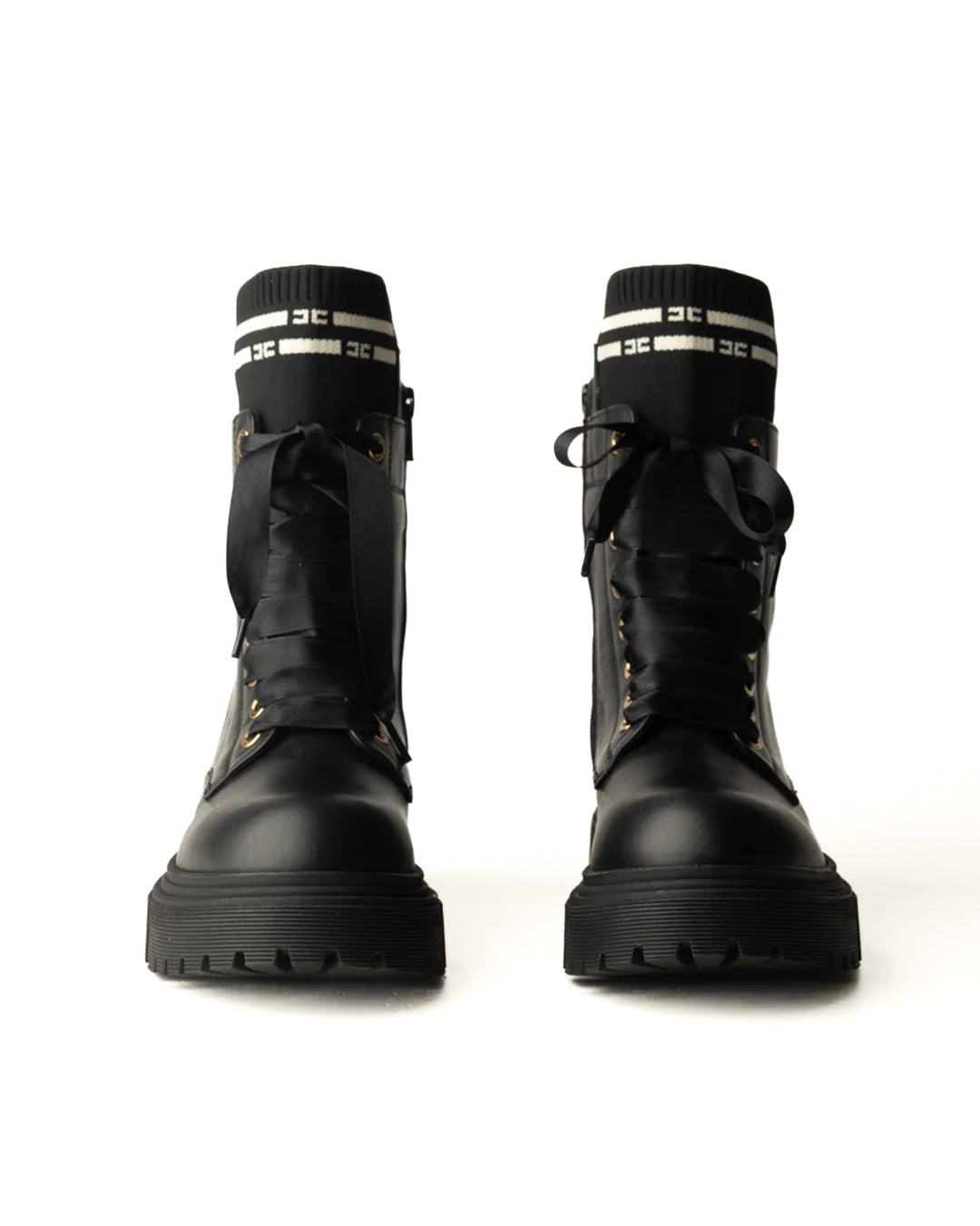 Elisabetta Franchi La Mia Bambina Stivali Tronchetto Neri con Dettaglio Logo a Contrasto per Bambine