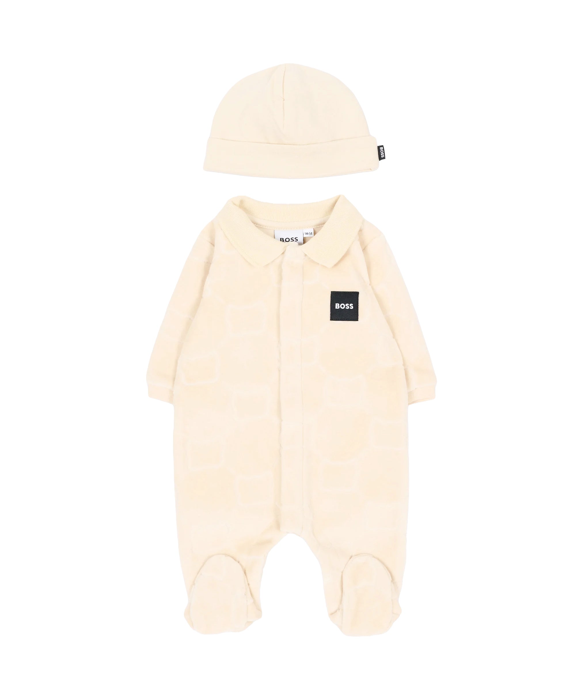 BOSS Kids Set Nascita Beige con Tutina in Ciniglia con Orsetti e Cappellino per Neonati
