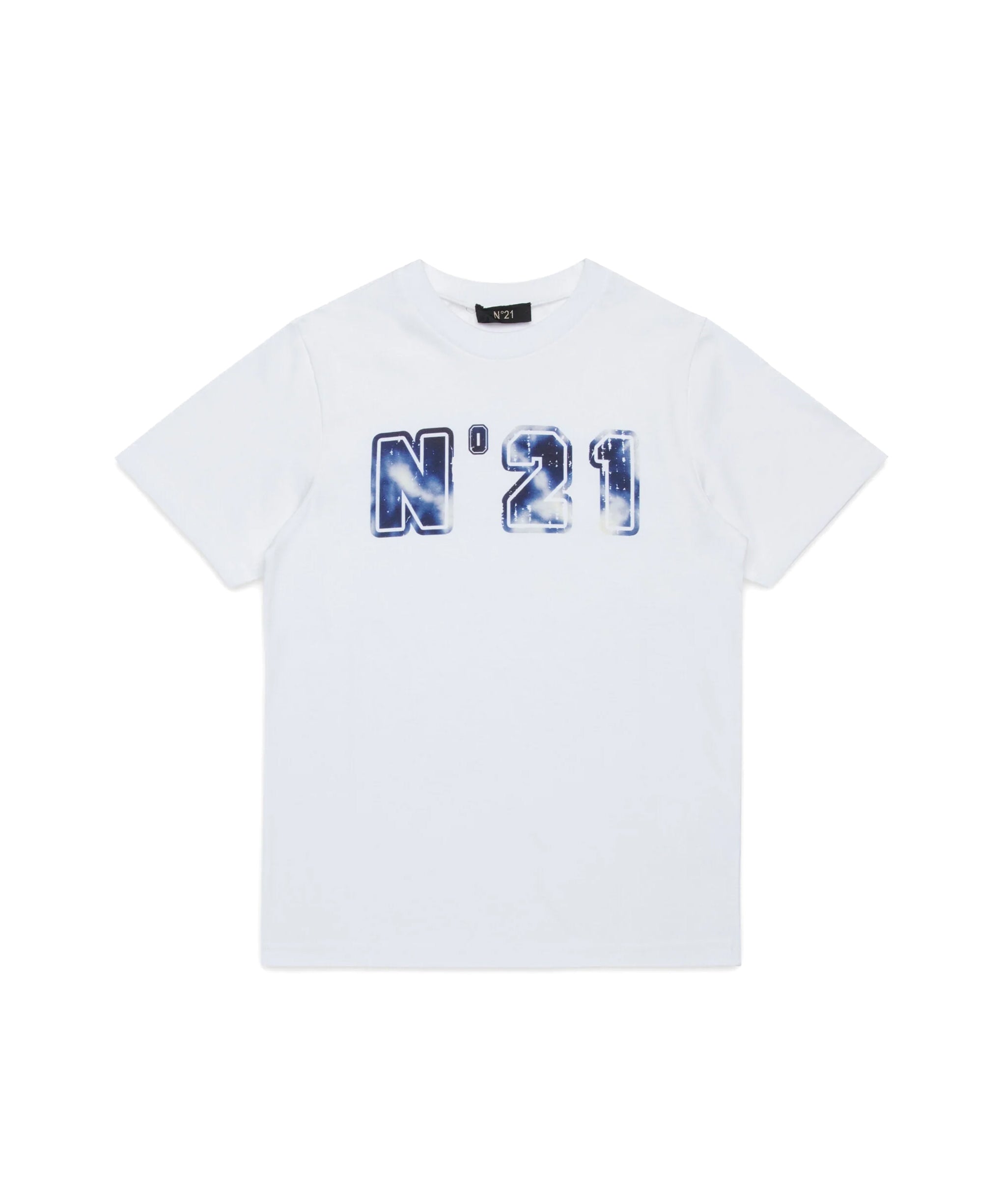 N21 Kids T-shirt Bianca Girocollo con Stampa Logo con Motivo Galassia per Bambini