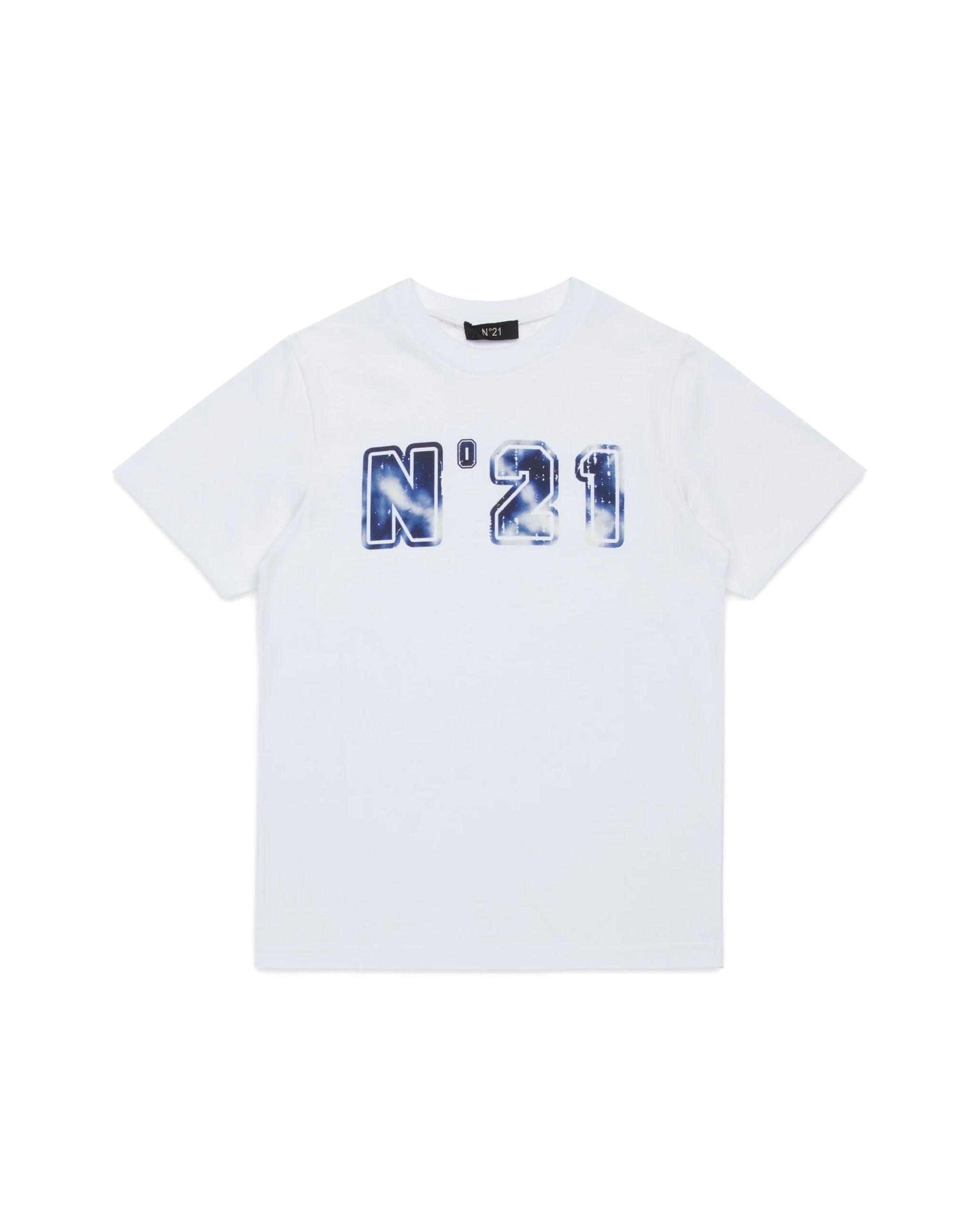 N21 Kids T-shirt Bianca Girocollo con Stampa Logo con Motivo Galassia per Bambini