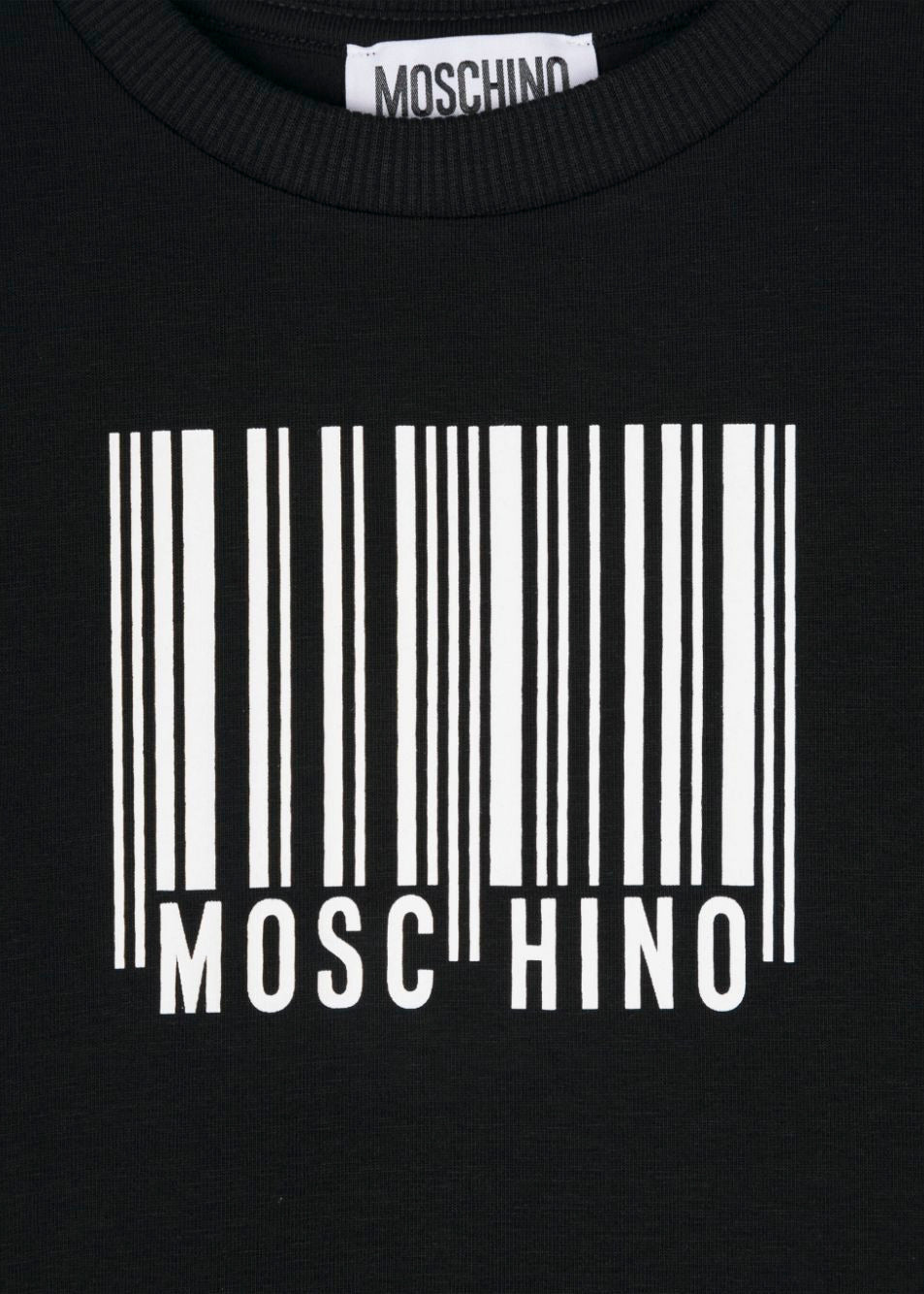 Moschino Kids T-shirt Nera con Stampa Codice a Barra per Bambini (dettaglio)