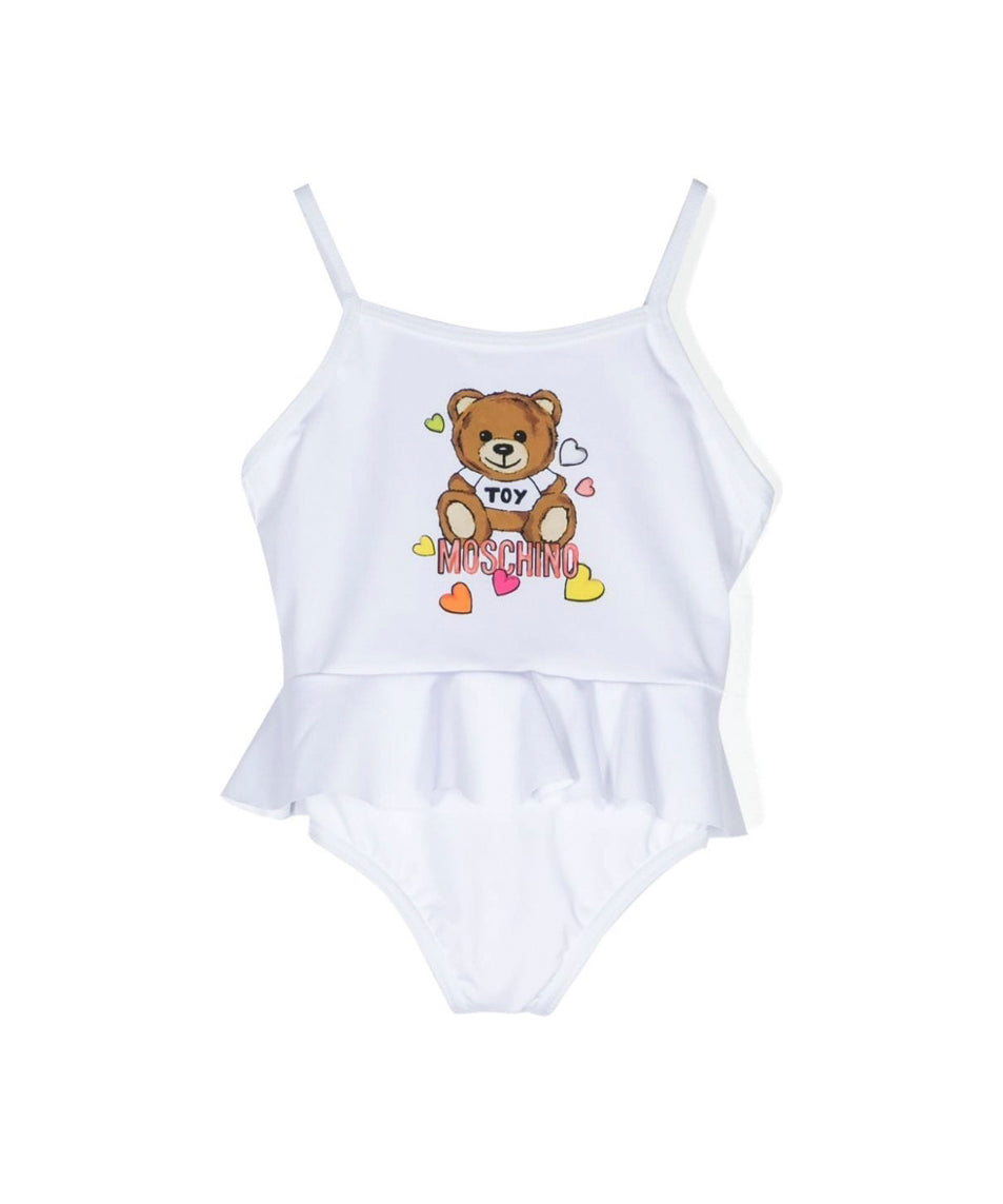 Moschino Kids Costume Monokini Bianco Teddy Bear per Neonate (fronte)