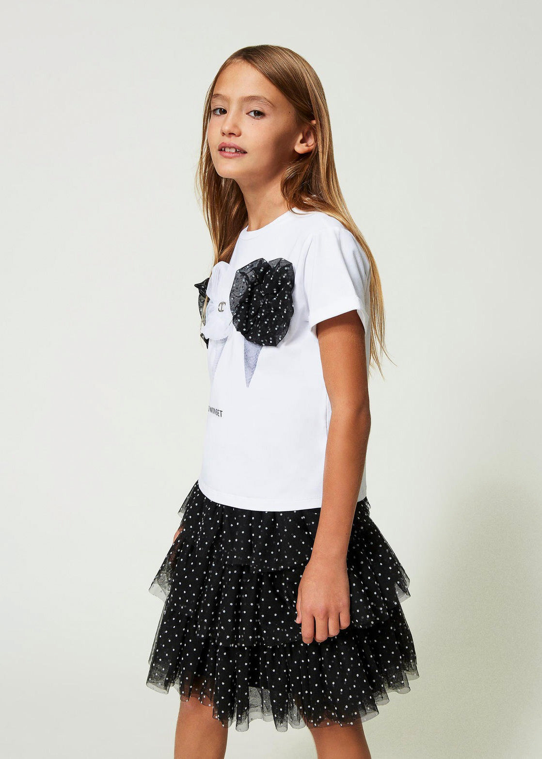 Twinset Kids T-shirt con Stampa e Tulle Bianca