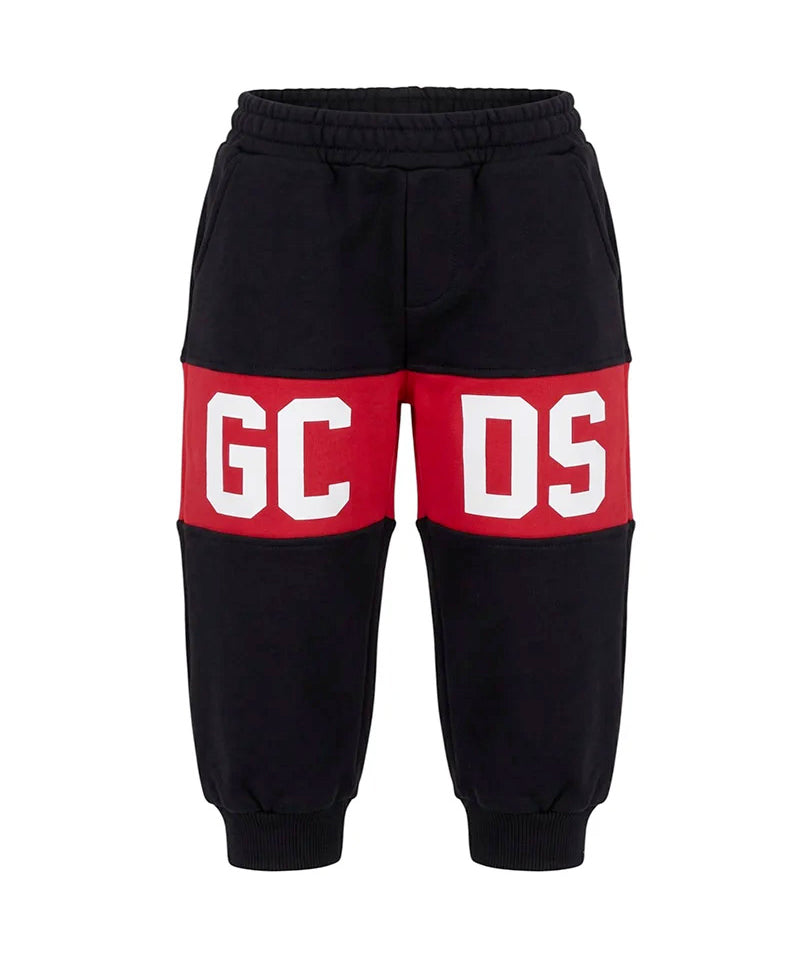 Gcds Kids Pantalone Felpa Nero con Banda Logata Rosso Unisex